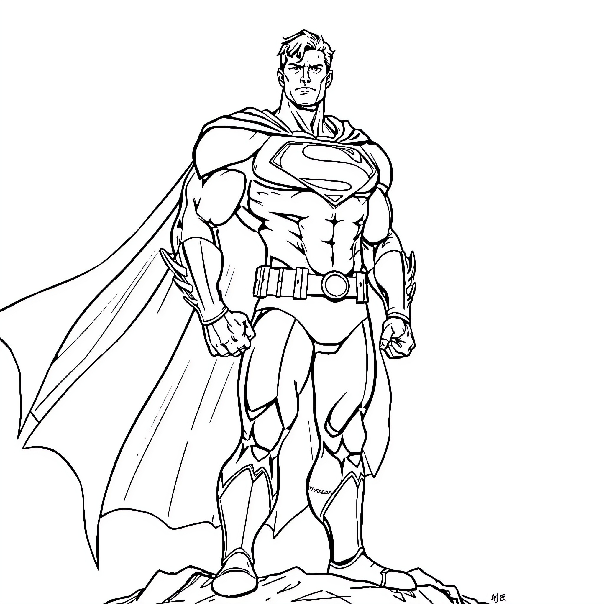 Superman standing heroically in action pose Coloring Page (free black-and-white line drawing printable PDF for all, from beginners to advanced learners, including children, teens, adults, and seniors)