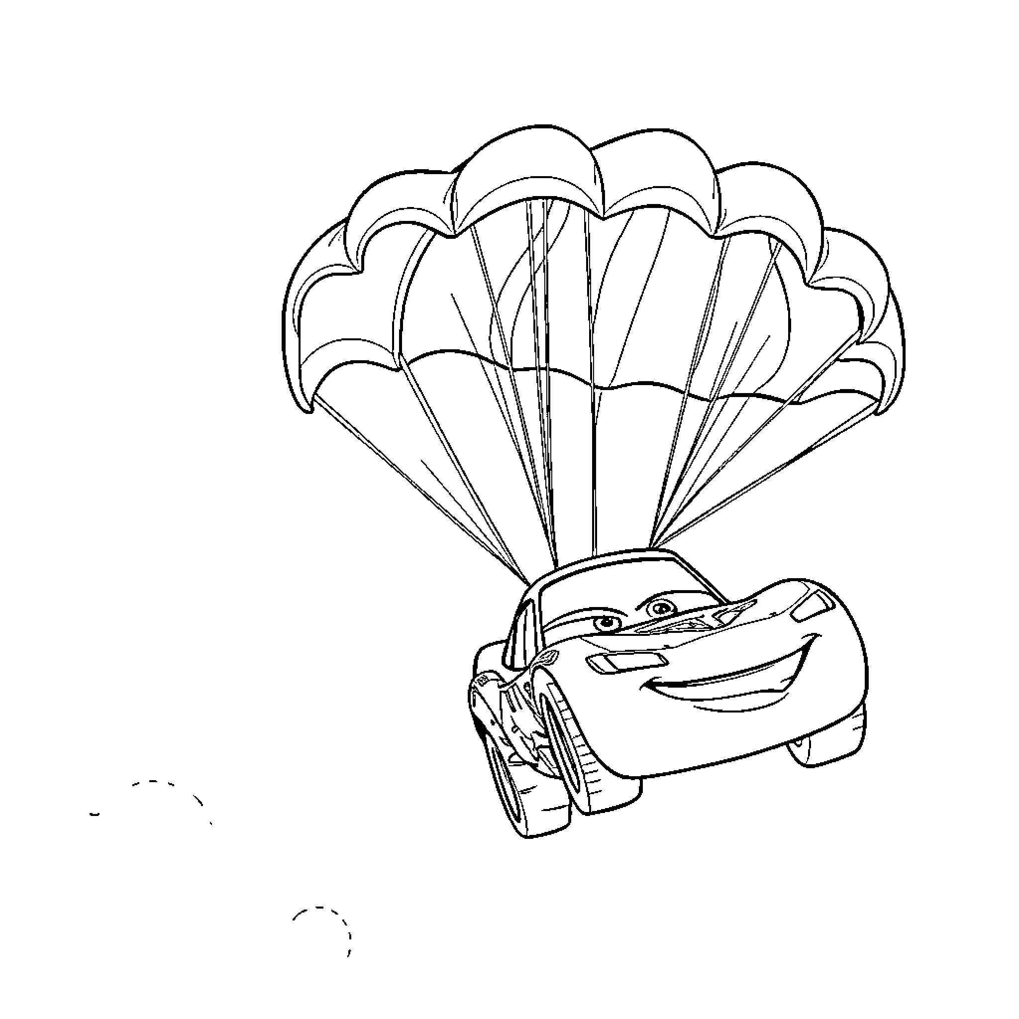 Lightning McQueen skydiving with parachute Coloring Page (free black-and-white line drawing printable PDF for all, from beginners to advanced learners, including children, teens, adults, and seniors)