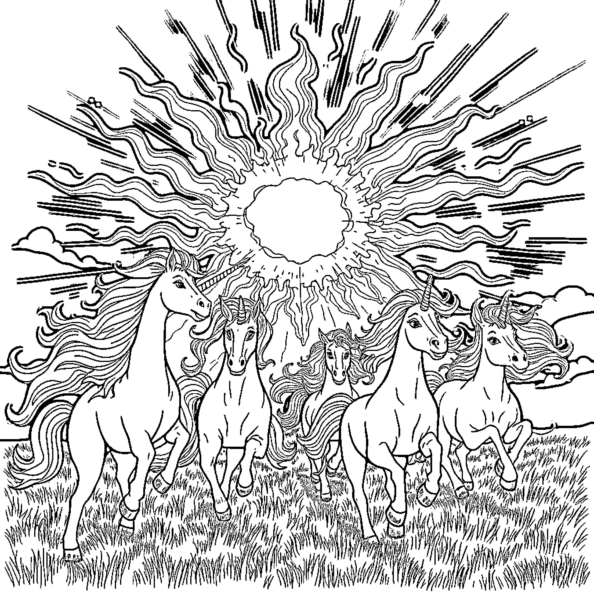 Sun-Kissed Unicorn Meadow Coloring Page (free black-and-white line drawing printable PDF for all, from beginners to advanced learners, including children, teens, adults, and seniors)