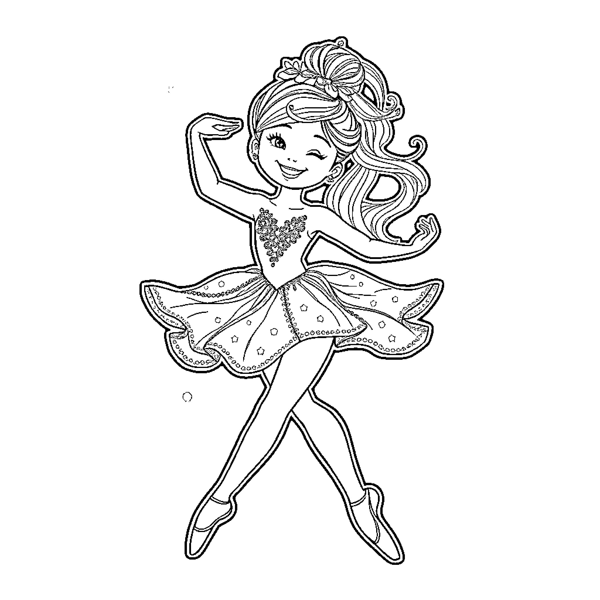 Ballerina dancing gracefully in a sparkly dress Coloring Page (free black-and-white line drawing printable PDF for all, from beginners to advanced learners, including children, teens, adults, and seniors)