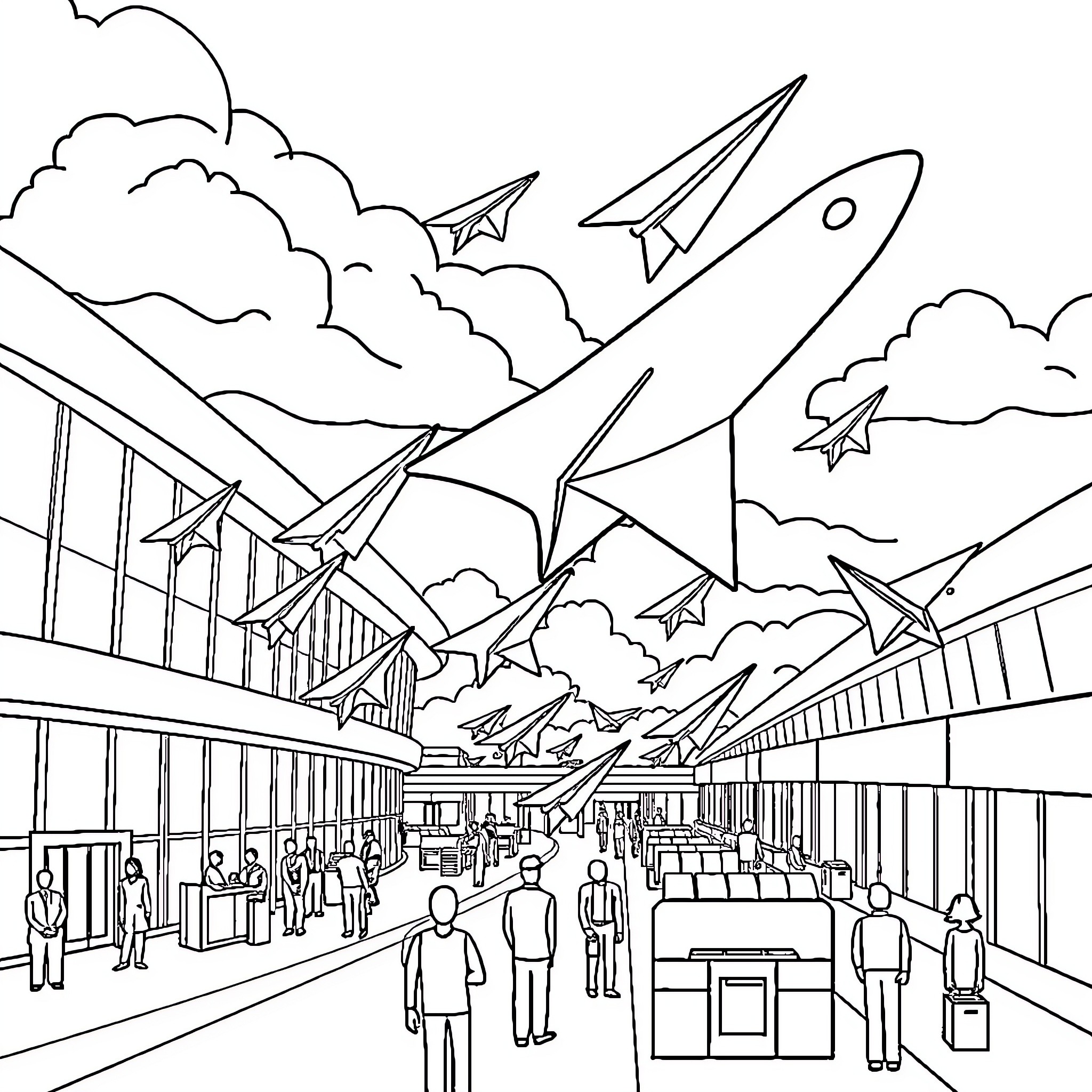Paper Airplane Floating Indoors amid Travelers Coloring Page (free black-and-white line drawing printable PDF for all, from beginners to advanced learners, including children, teens, adults, and seniors)