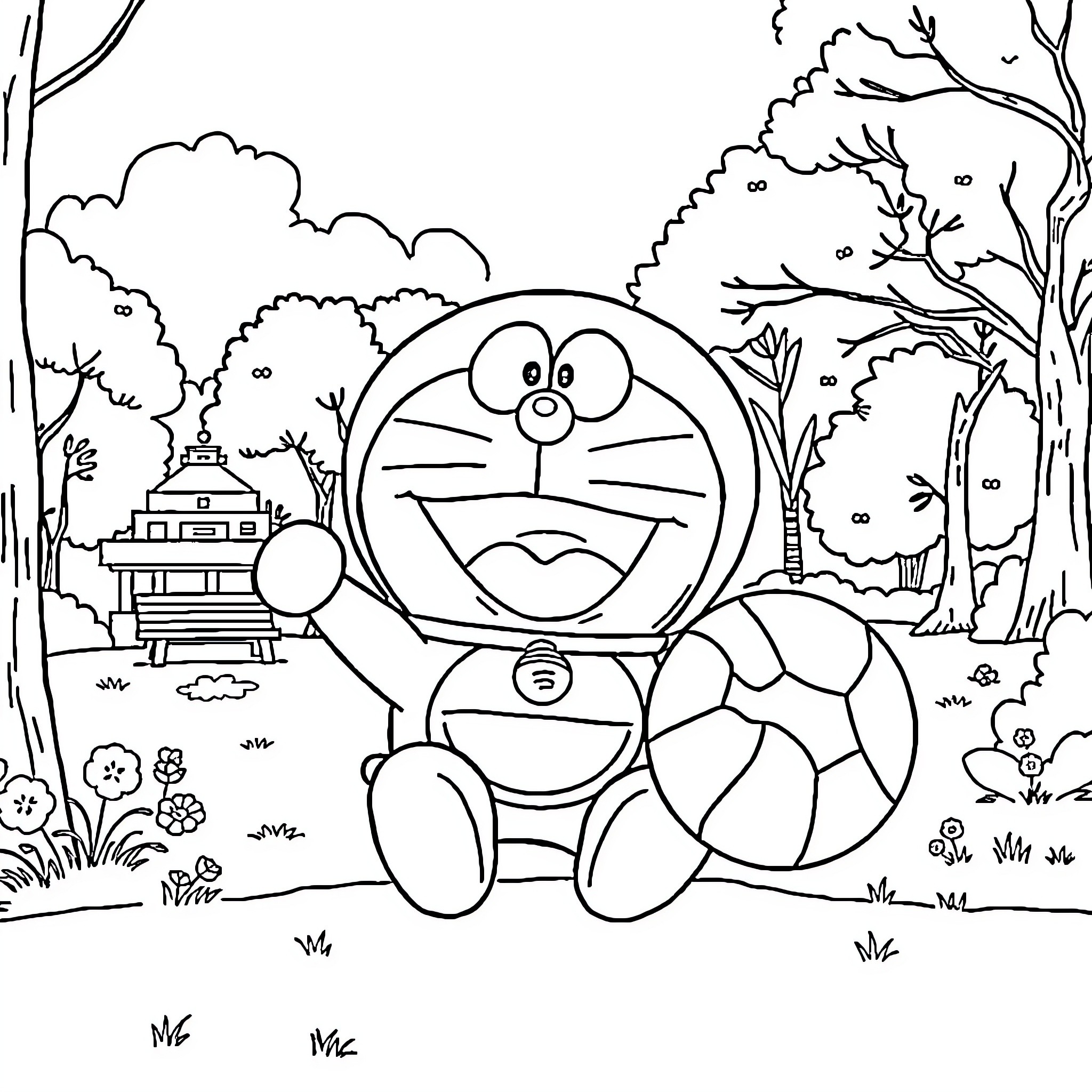 Doraemon exploring the enchanting forest landscape Coloring Page (free black-and-white line drawing printable PDF for all, from beginners to advanced learners, including children, teens, adults, and seniors)