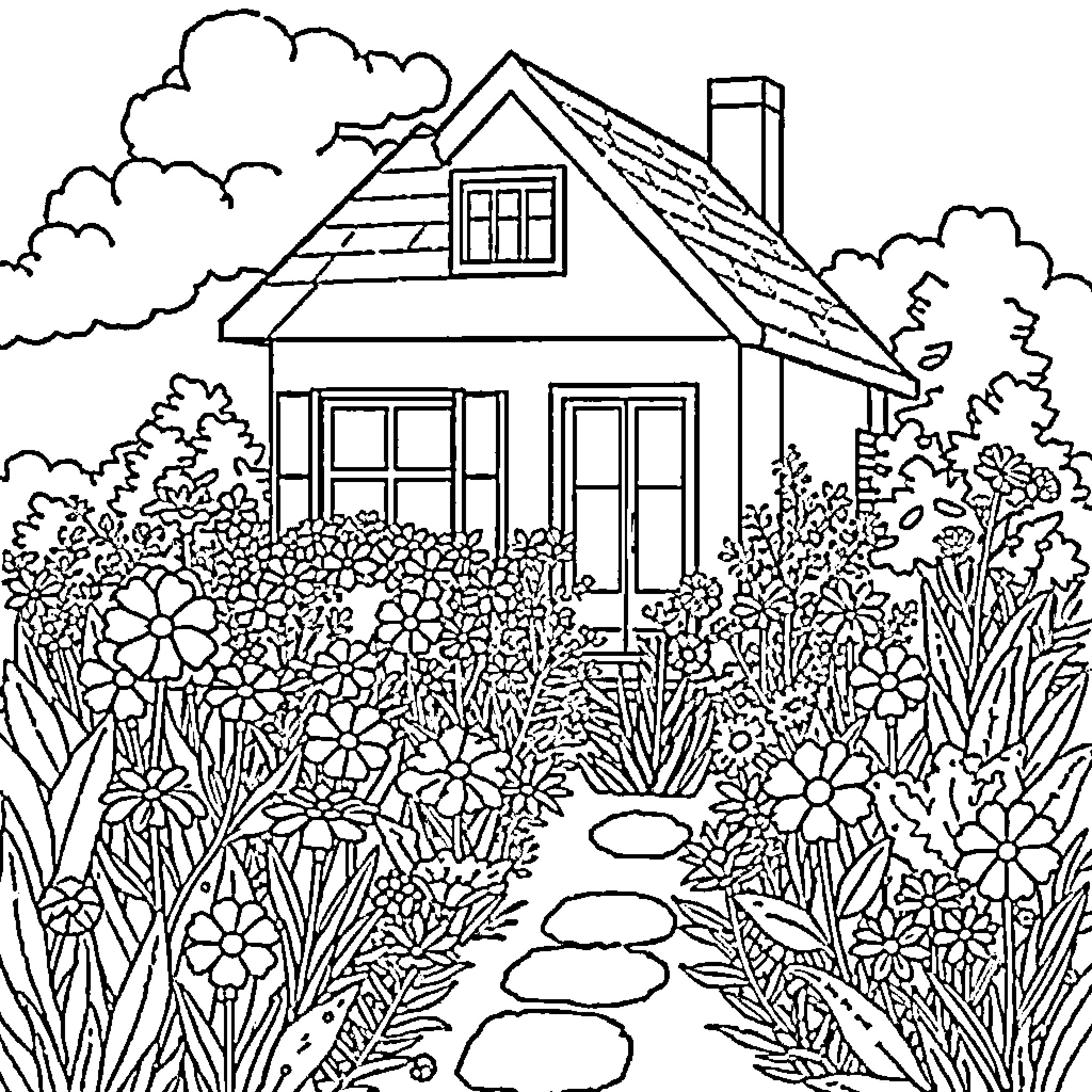 Garden with Flower-Filled Path to Cottage Coloring Page (free black-and-white line drawing printable PDF for all, from beginners to advanced learners, including children, teens, adults, and seniors)
