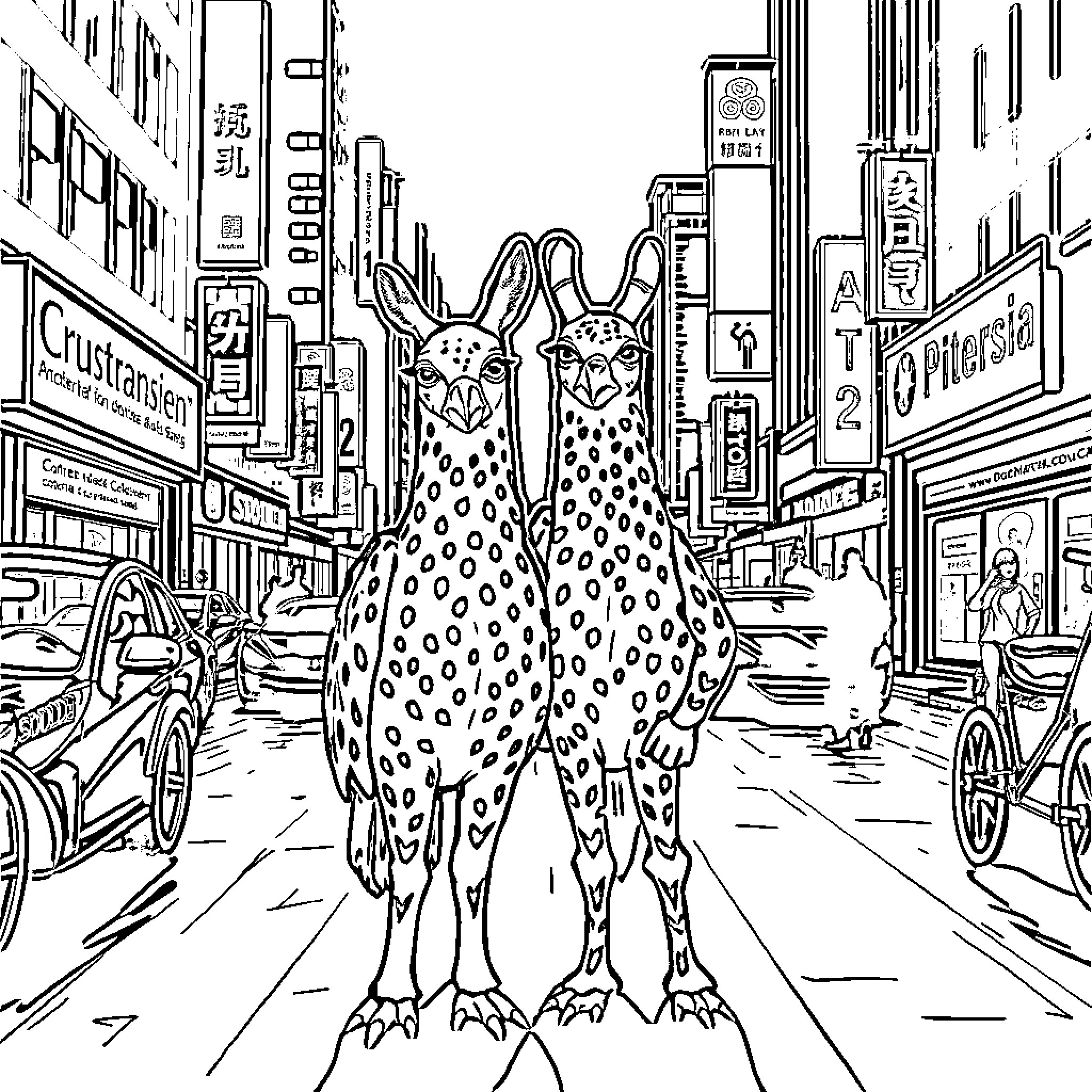 Stolas in a bustling city landscape Coloring Page (free black-and-white line drawing printable PDF for all, from beginners to advanced learners, including children, teens, adults, and seniors)