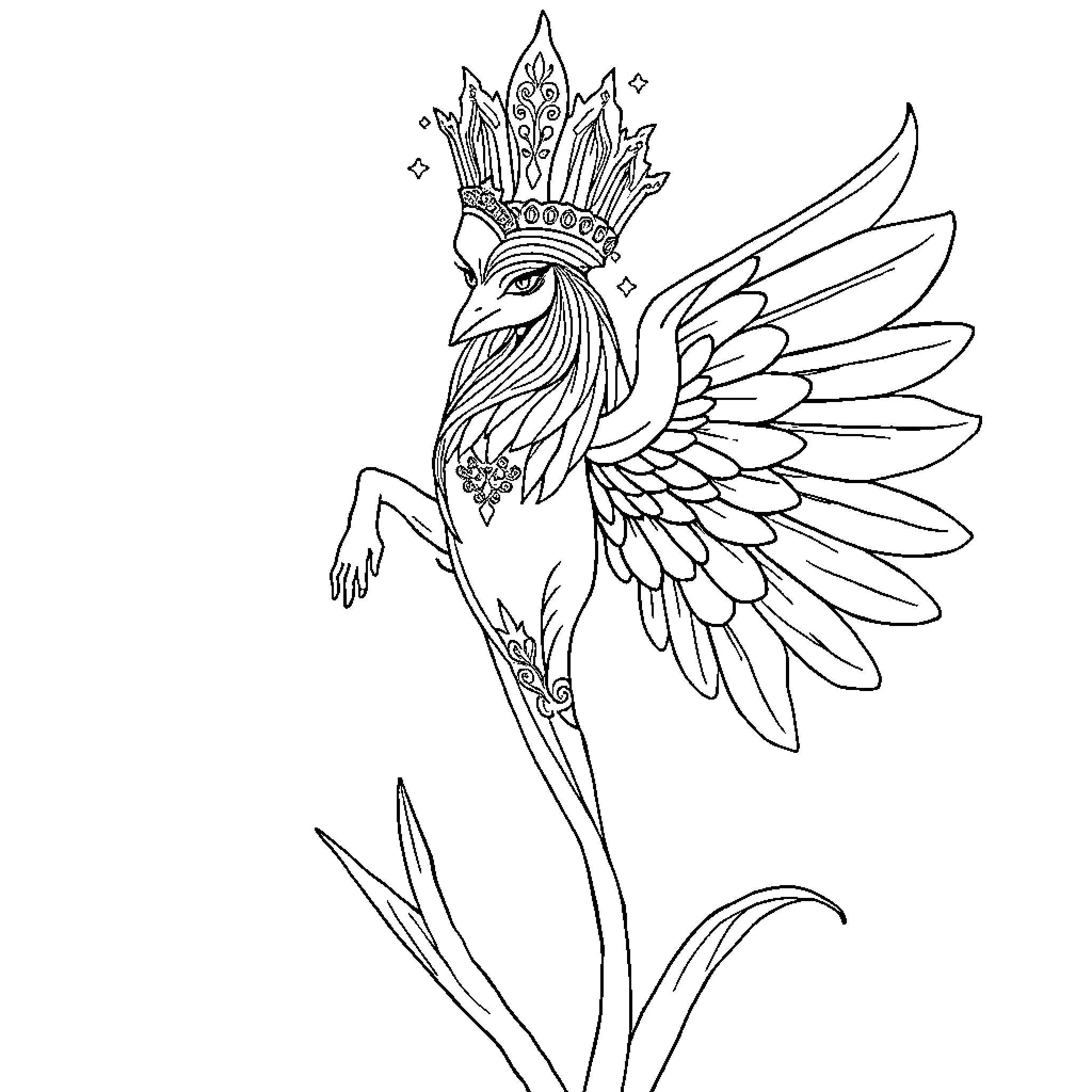 Egyptian God Bird with Ornate Feathers and Crown Coloring Page (free black-and-white line drawing printable PDF for all, from beginners to advanced learners, including children, teens, adults, and seniors)