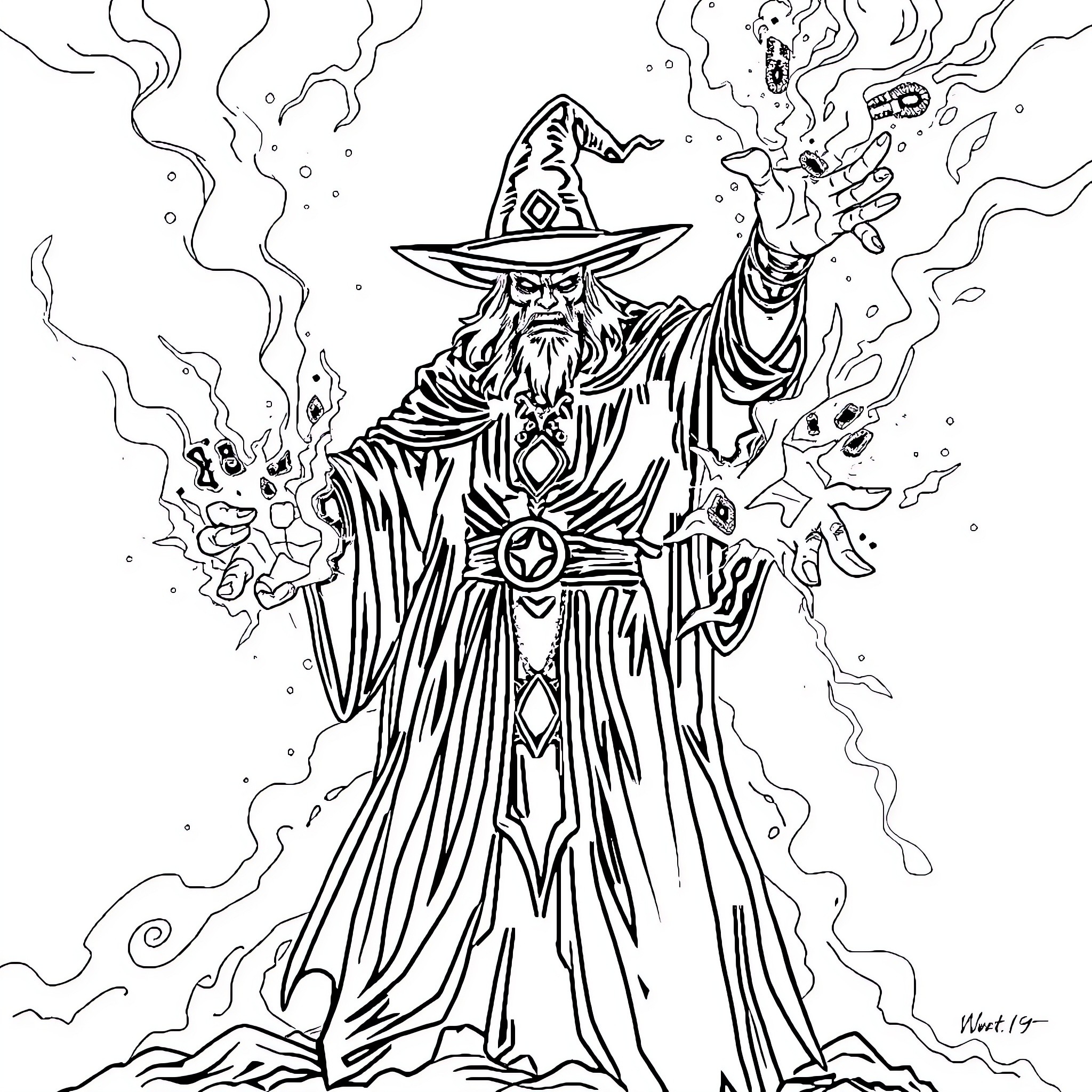 Magician casting powerful spells with dramatic gestures Coloring Page (free black-and-white line drawing printable PDF for all, from beginners to advanced learners, including children, teens, adults, and seniors)