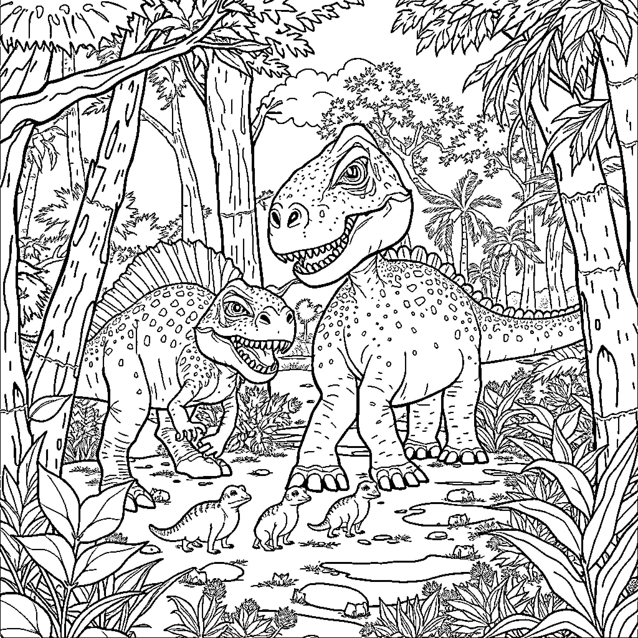 Squirrel and Dinosaur explore the lush jungle landscape Coloring Page (free black-and-white line drawing printable PDF for all, from beginners to advanced learners, including children, teens, adults, and seniors)