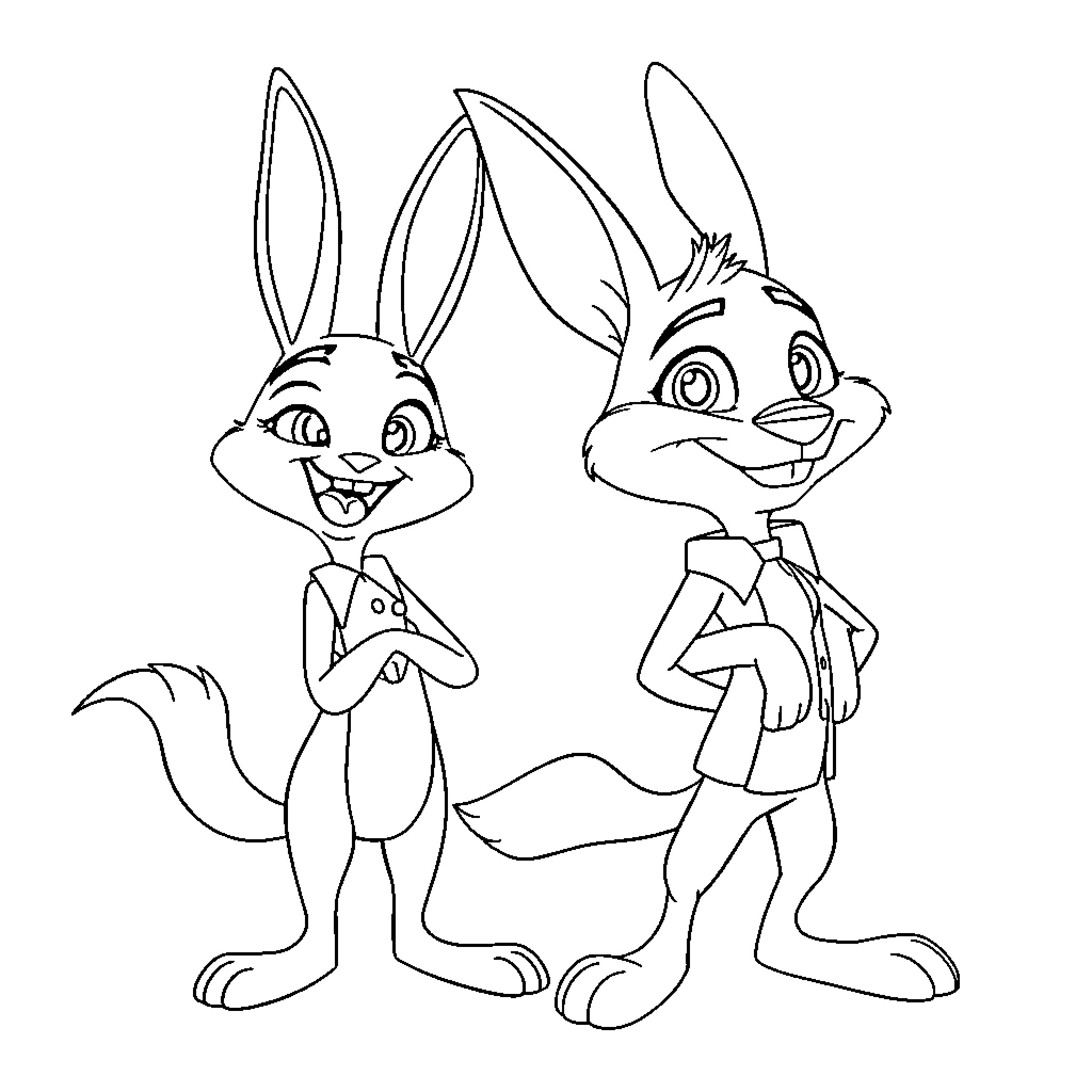 Zootopia: Two Animated Rabbits in Conversation Coloring Page (free black-and-white line drawing printable PDF for all, from beginners to advanced learners, including children, teens, adults, and seniors)