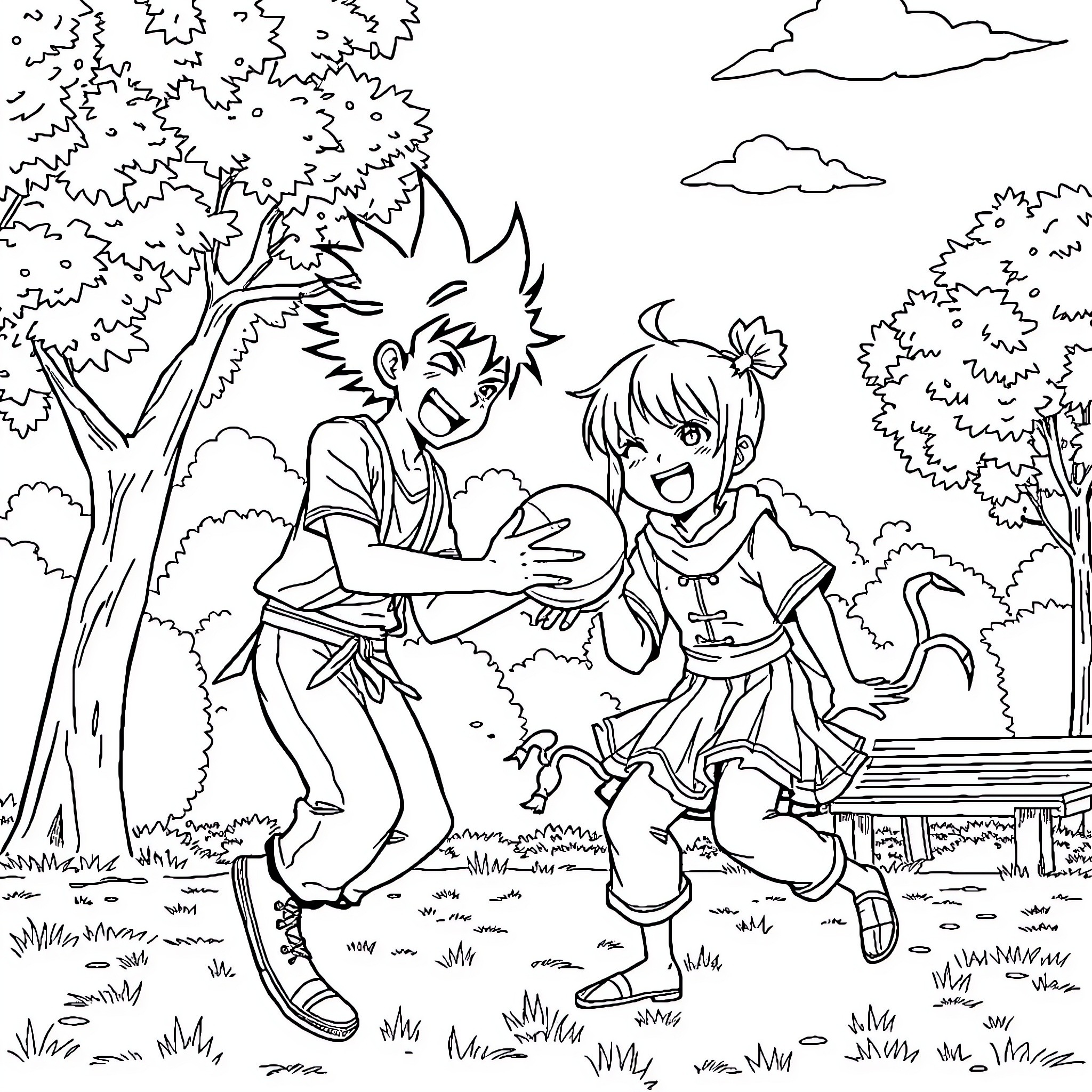 Demon Slayer: Friends Embracing in Outdoor Setting Coloring Page (free black-and-white line drawing printable PDF for all, from beginners to advanced learners, including children, teens, adults, and seniors)