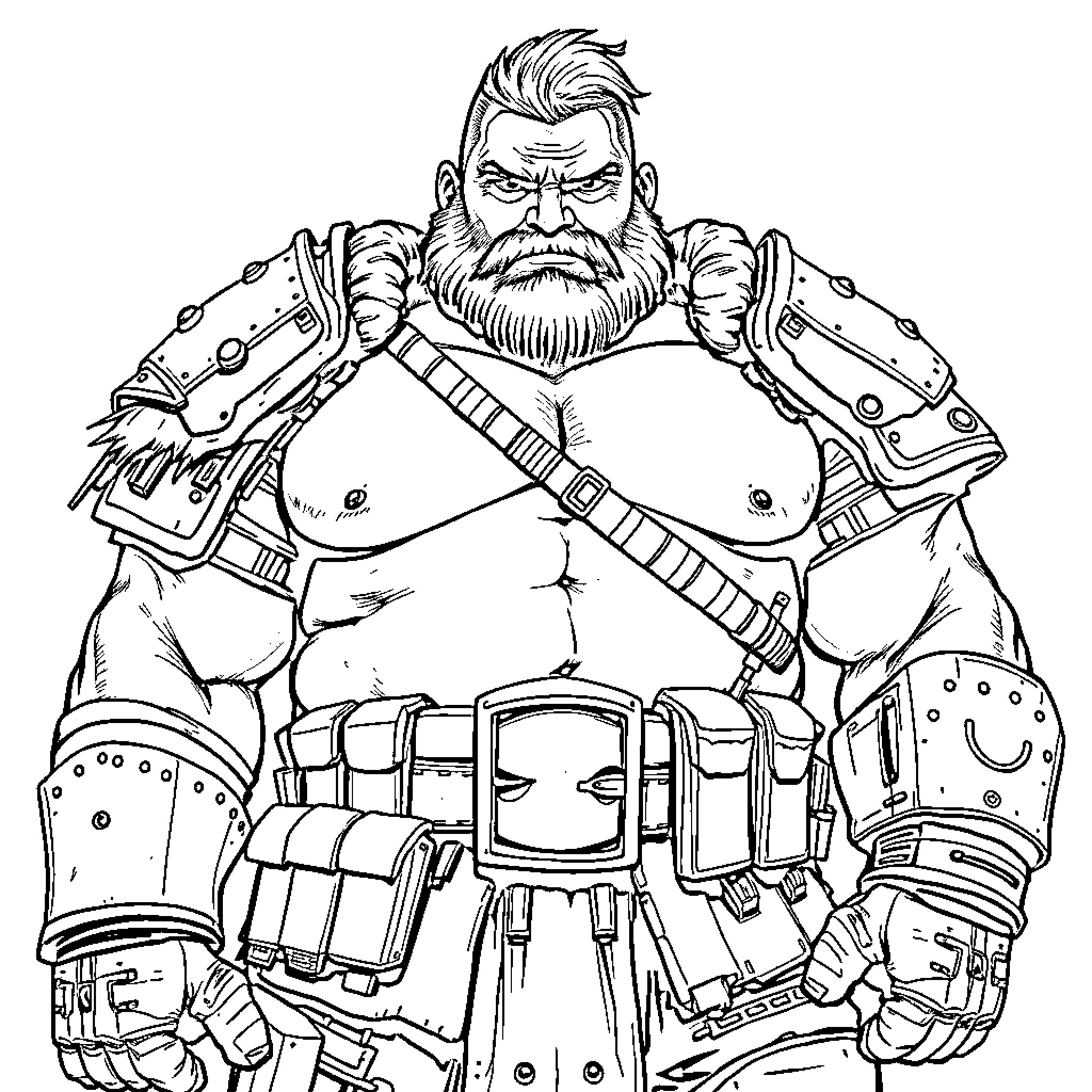 Warrior wielding powerful futuristic armor and weapons Coloring Page (free black-and-white line drawing printable PDF for all, from beginners to advanced learners, including children, teens, adults, and seniors)