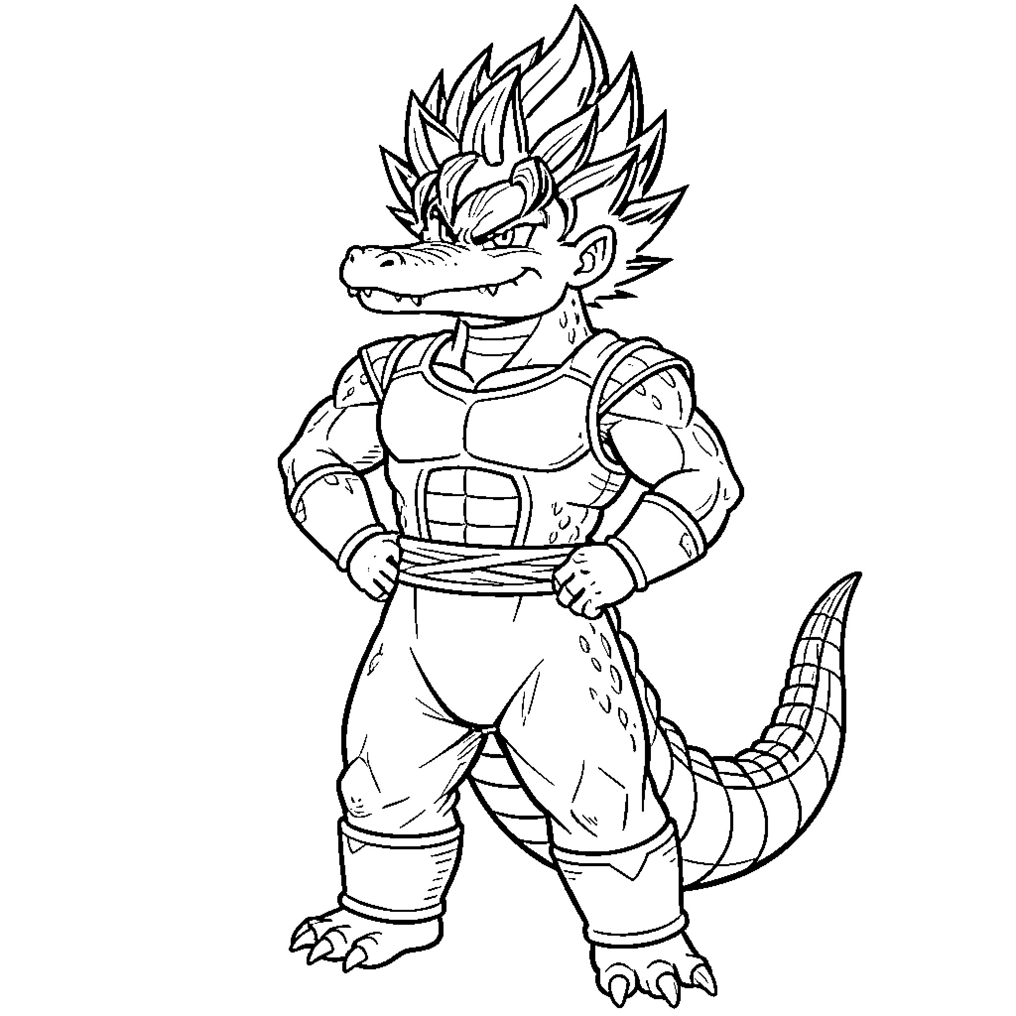 Crocodile warrior standing heroically in battle armor Coloring Page (free black-and-white line drawing printable PDF for all, from beginners to advanced learners, including children, teens, adults, and seniors)
