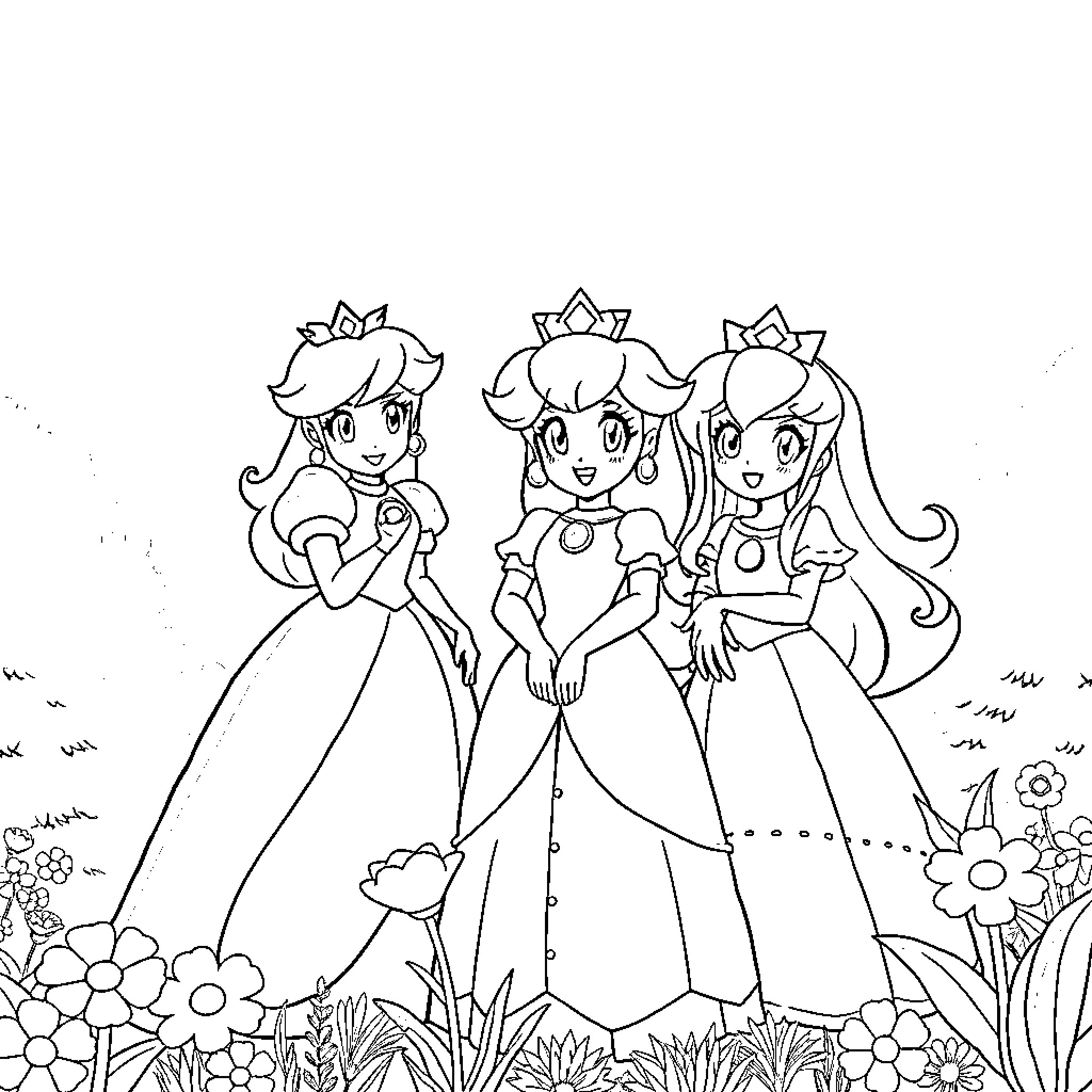 Princess Sisters Enjoying a Flower-Filled Garden Coloring Page (free black-and-white line drawing printable PDF for all, from beginners to advanced learners, including children, teens, adults, and seniors)