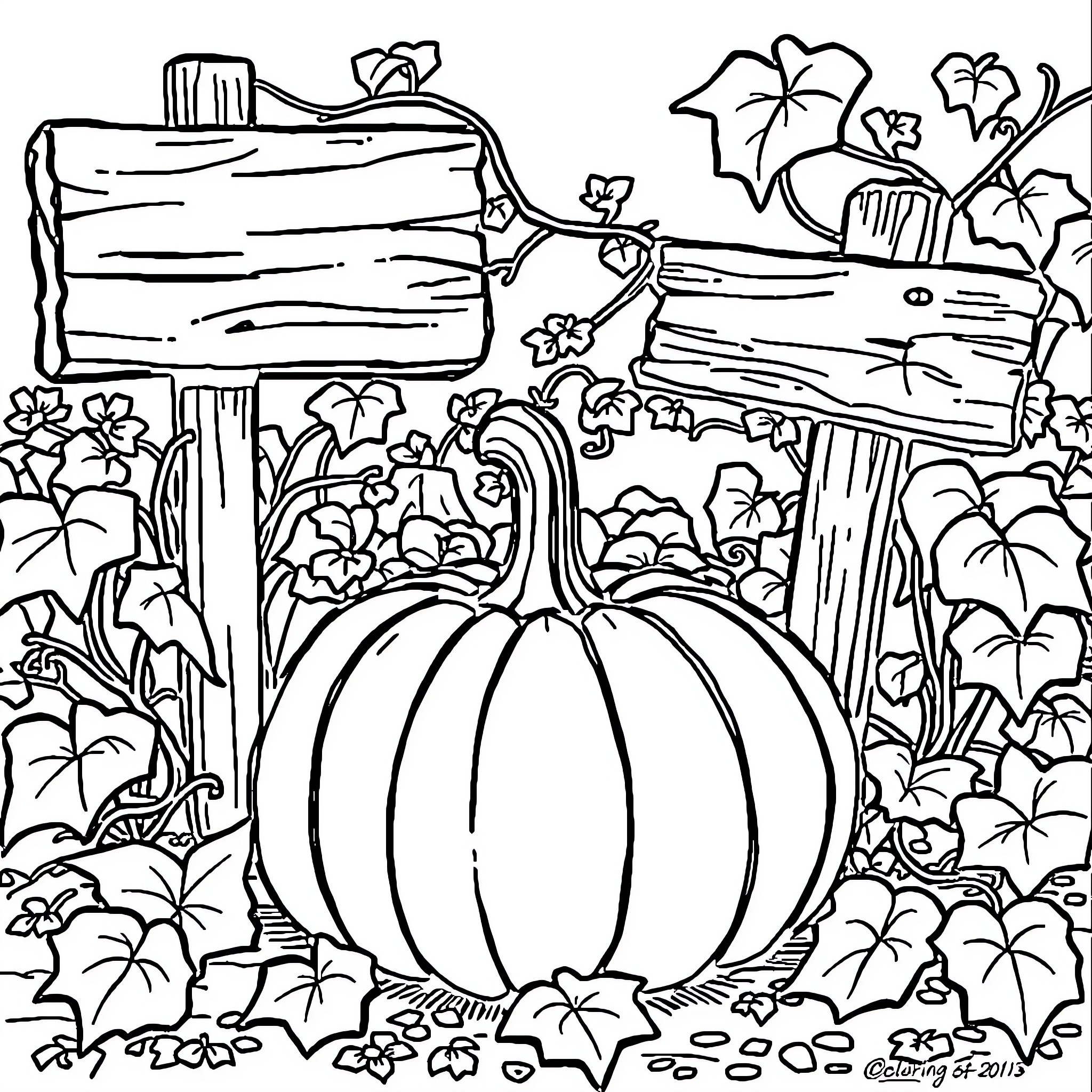 Pumpkin in a Whimsical Autumn Scene Coloring Page (free black-and-white line drawing printable PDF for all, from beginners to advanced learners, including children, teens, adults, and seniors)