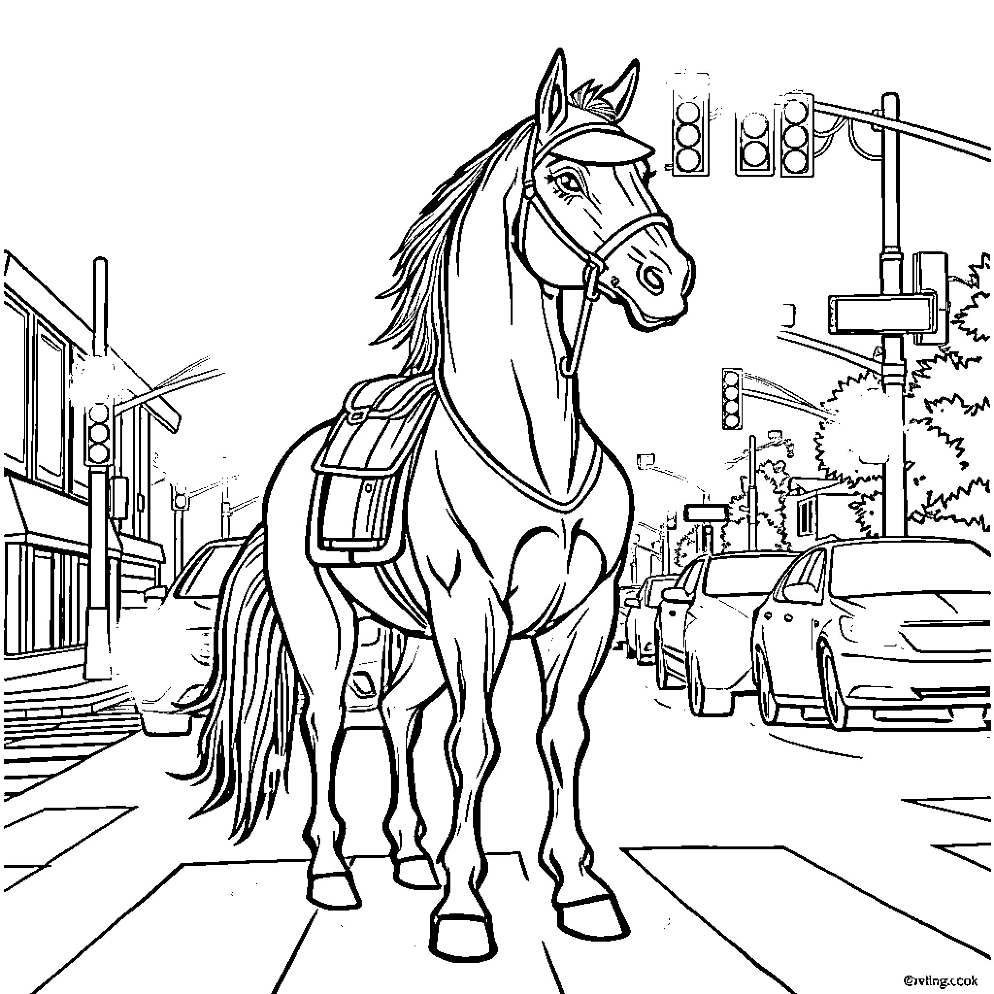 Horse pulling carriage in city street Coloring Page (free black-and-white line drawing printable PDF for all, from beginners to advanced learners, including children, teens, adults, and seniors)
