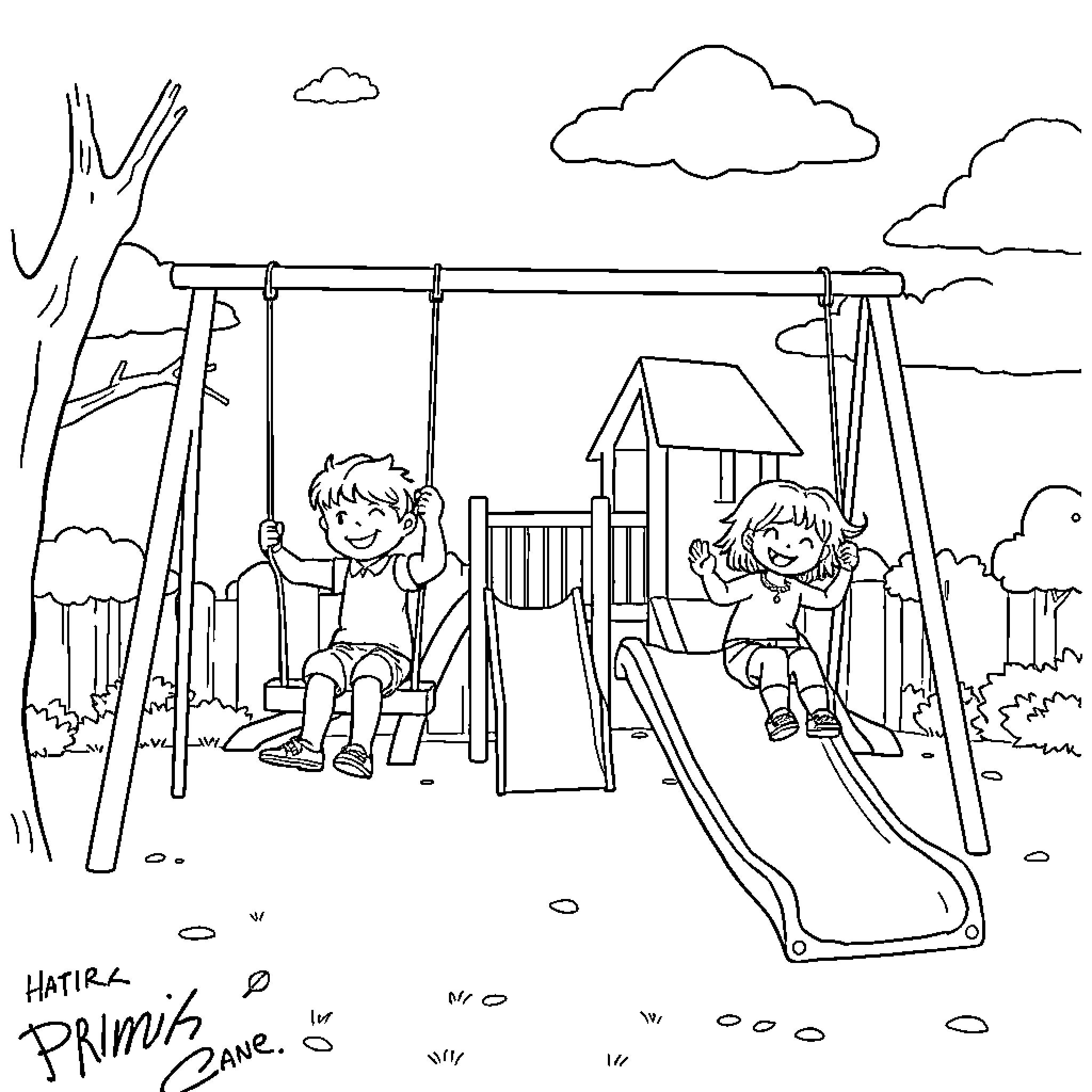 Kids playing happily on the playground Coloring Page (free black-and-white line drawing printable PDF for all, from beginners to advanced learners, including children, teens, adults, and seniors)
