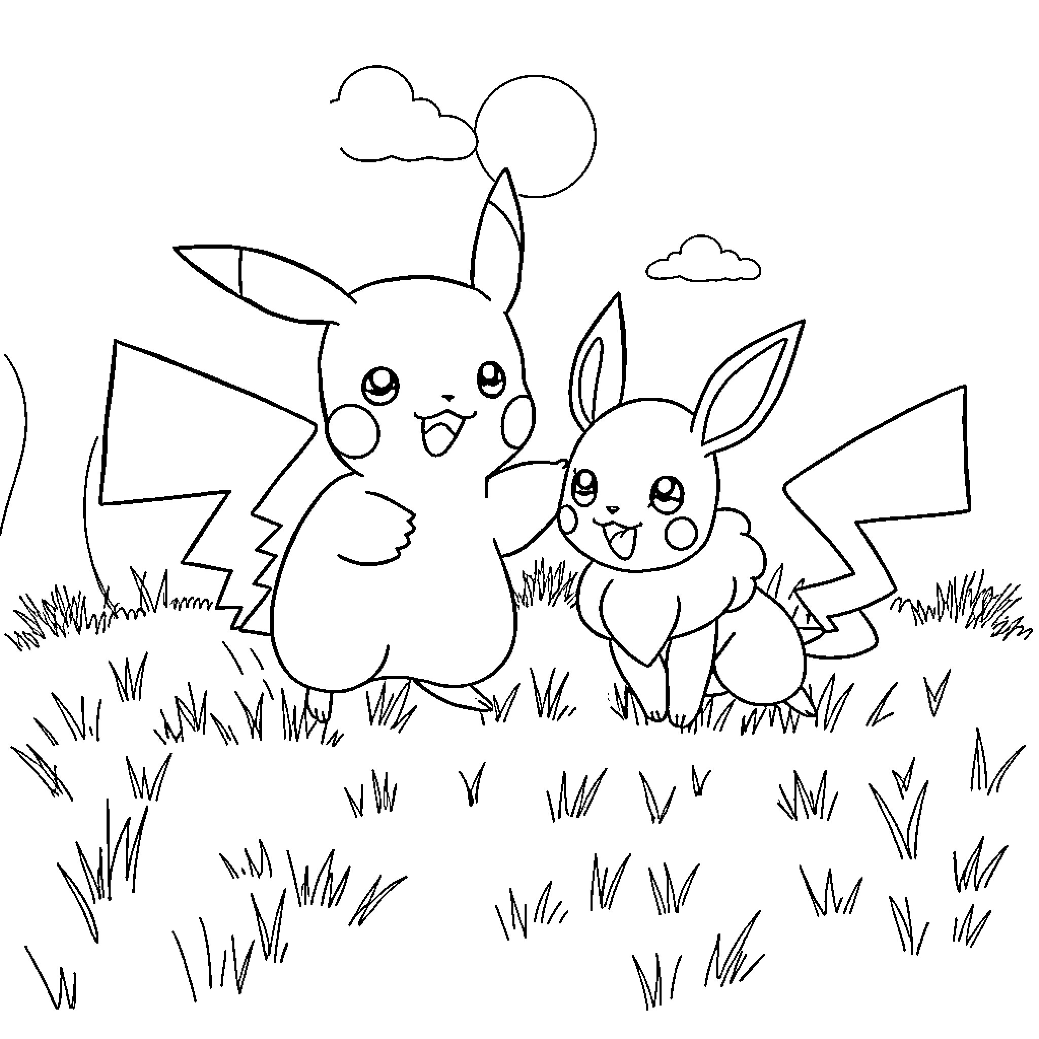 Pikachu and Bunny Pokemon Playing in the Meadow Coloring Page (free black-and-white line drawing printable PDF for all, from beginners to advanced learners, including children, teens, adults, and seniors)