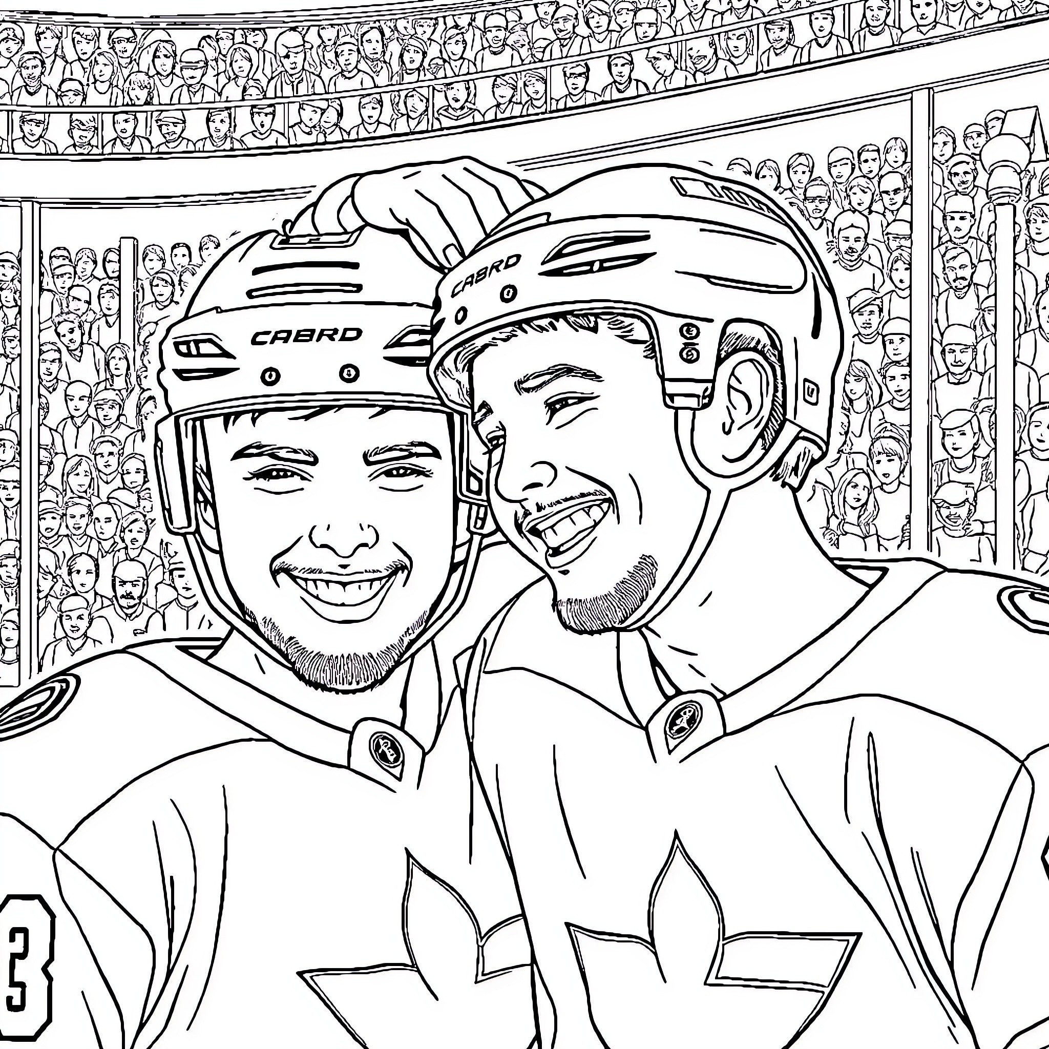 Quinn Hughes and teammate celebrating hockey victory Coloring Page (free black-and-white line drawing printable PDF for all, from beginners to advanced learners, including children, teens, adults, and seniors)