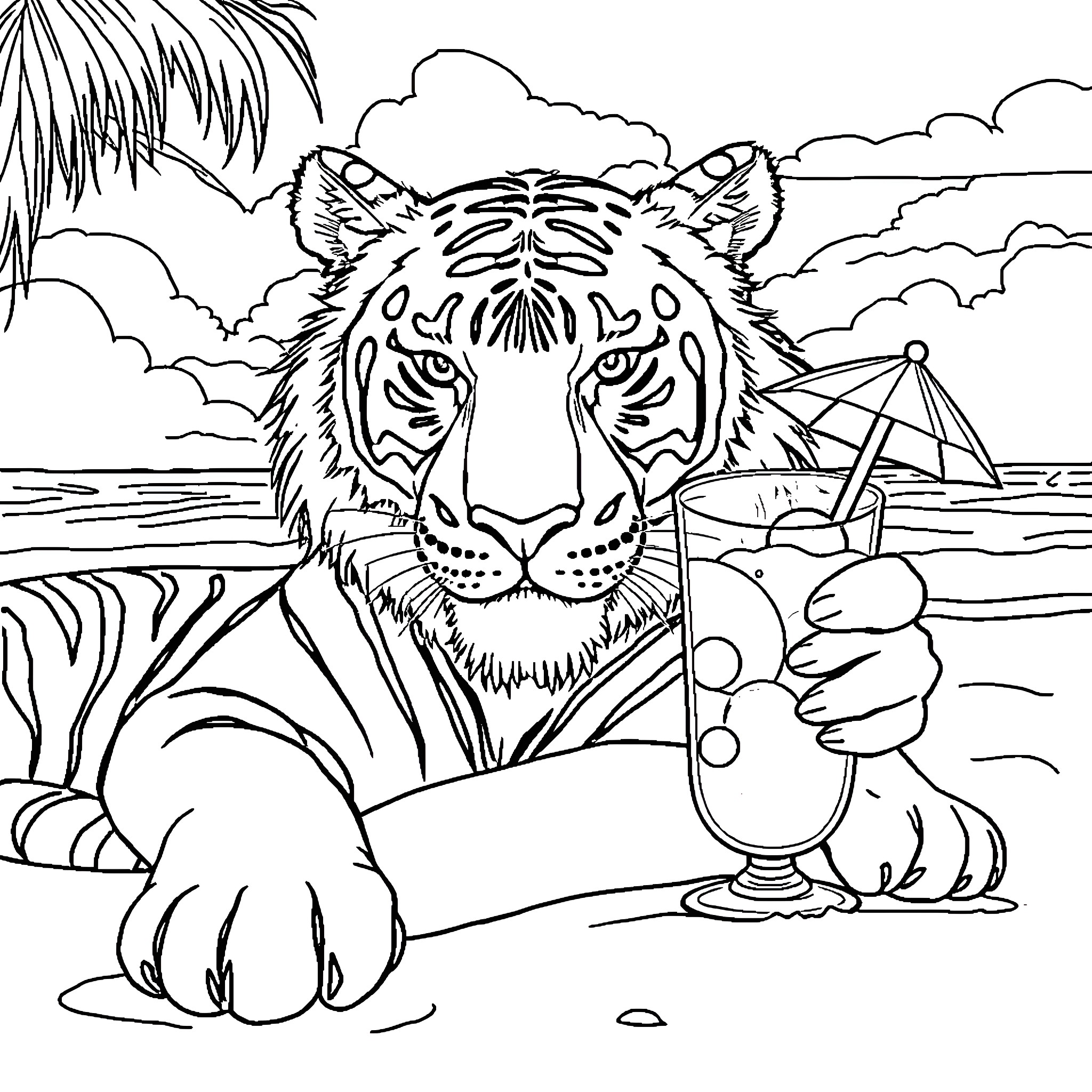 Tiger enjoying a tropical drink on the beach Coloring Page (free black-and-white line drawing printable PDF for all, from beginners to advanced learners, including children, teens, adults, and seniors)