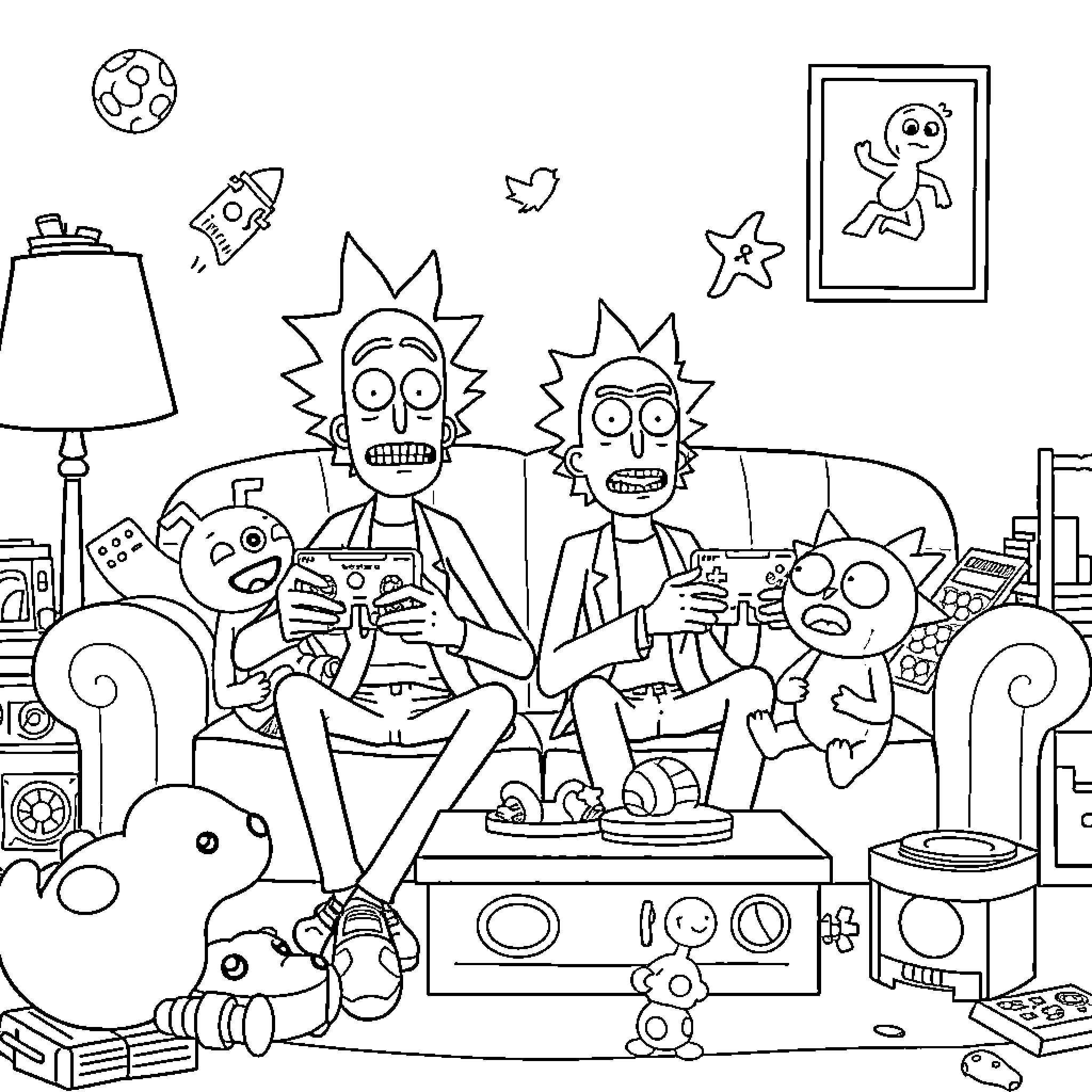 Rick and Morty relaxing on the couch with their quirky accessories Coloring Page (free black-and-white line drawing printable PDF for all, from beginners to advanced learners, including children, teens, adults, and seniors)