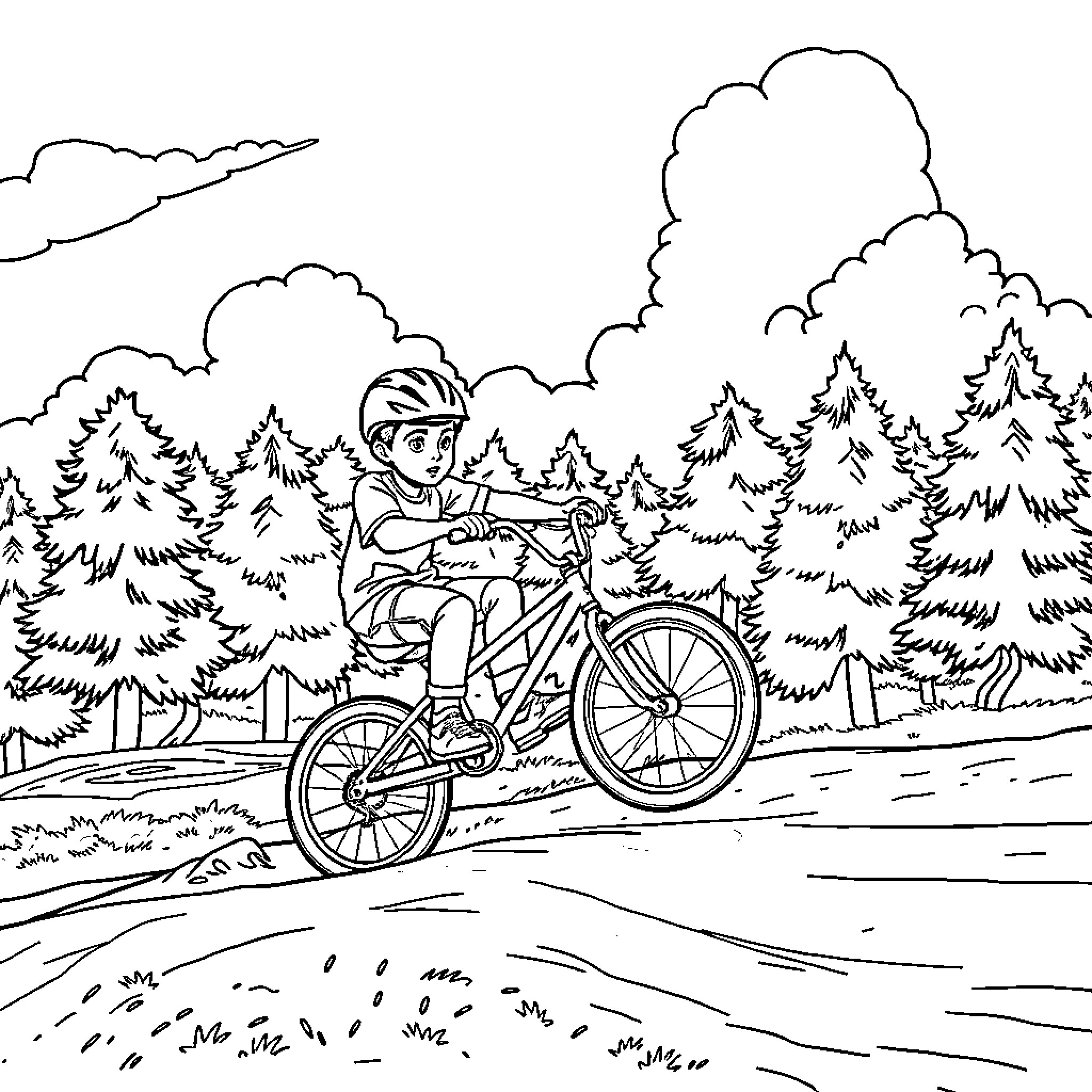 Boy riding bicycle through forest landscape Coloring Page (free black-and-white line drawing printable PDF for all, from beginners to advanced learners, including children, teens, adults, and seniors)