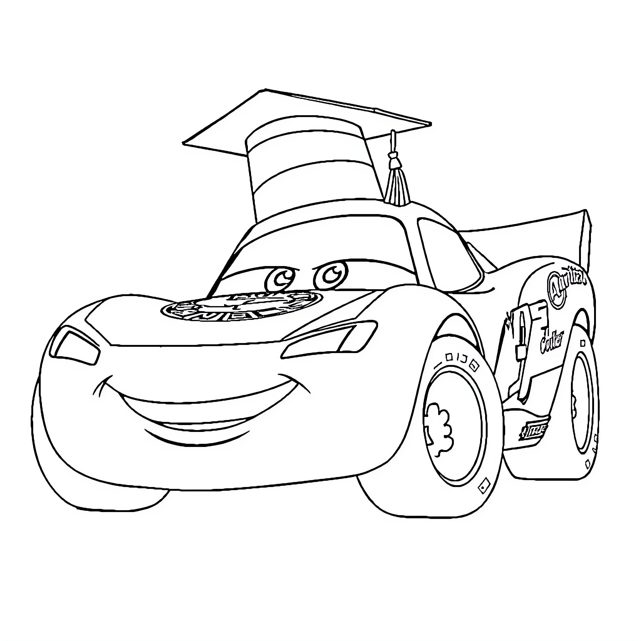 Cars with graduate caps in playful expressions Coloring Page (free black-and-white line drawing printable PDF for all, from beginners to advanced learners, including children, teens, adults, and seniors)