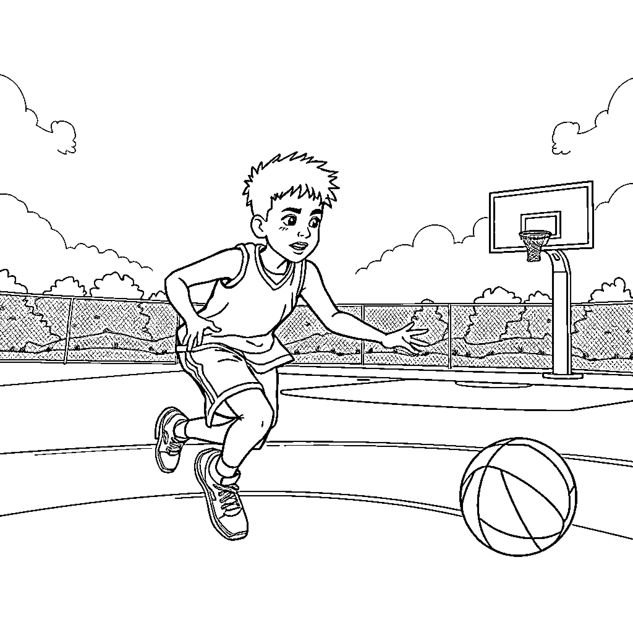 Gael playing basketball on the court Coloring Page (free black-and-white line drawing printable PDF for all, from beginners to advanced learners, including children, teens, adults, and seniors)