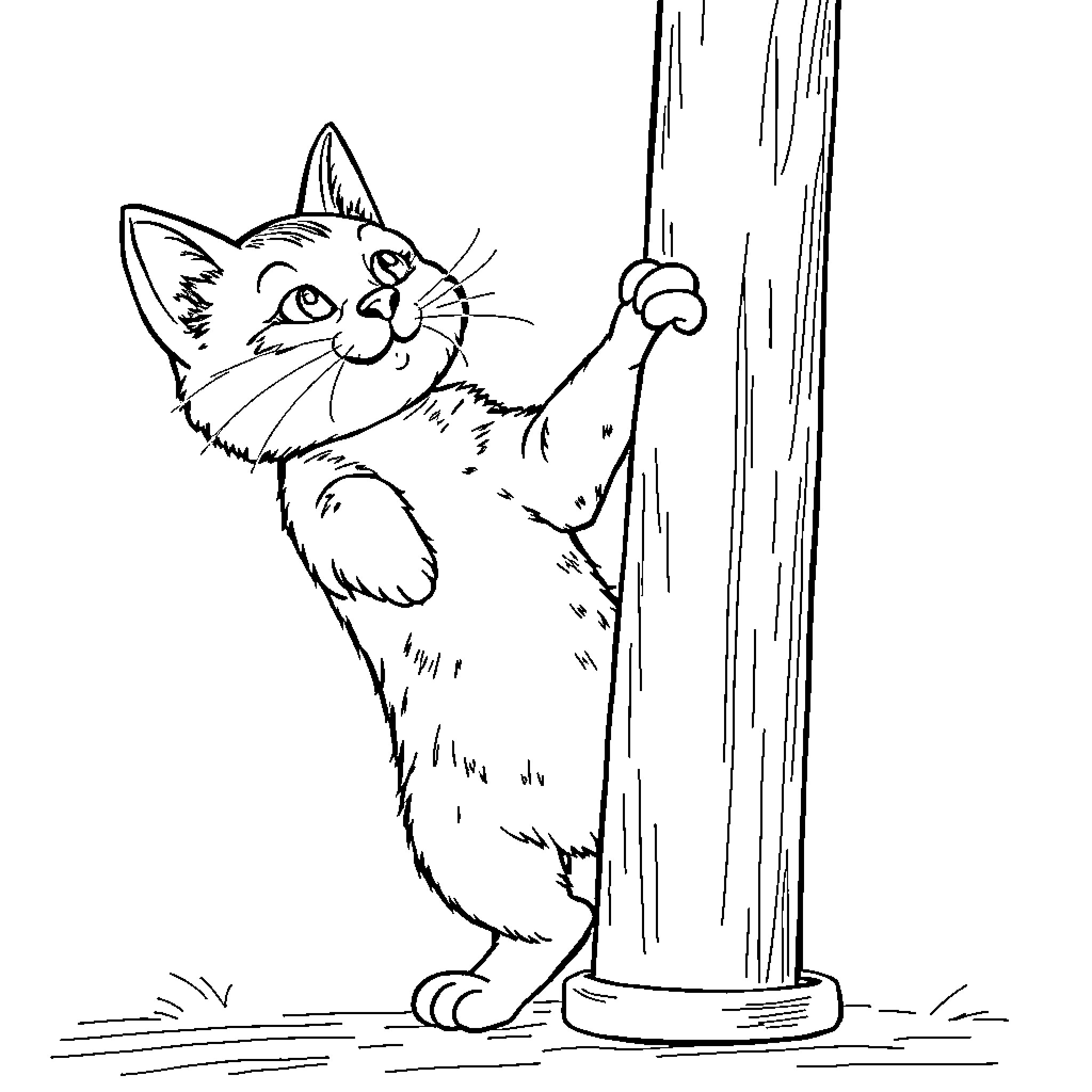 Cat climbing on a tree trunk Coloring Page (free black-and-white line drawing printable PDF for all, from beginners to advanced learners, including children, teens, adults, and seniors)
