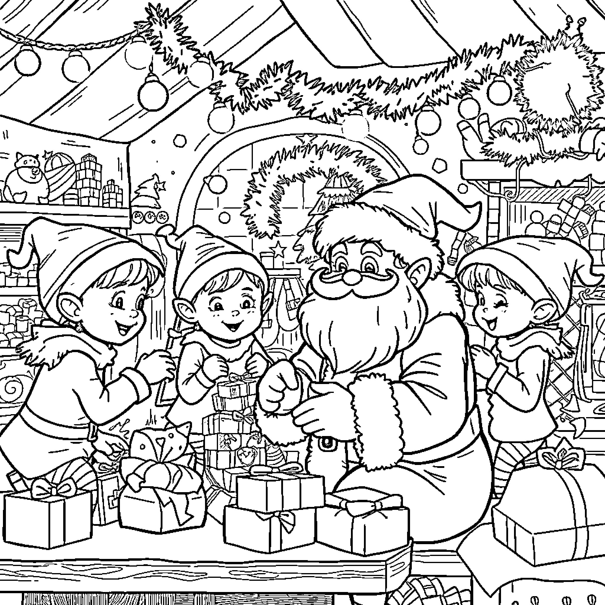 Elf Santa with children during the holidays Coloring Page (free black-and-white line drawing printable PDF for all, from beginners to advanced learners, including children, teens, adults, and seniors)