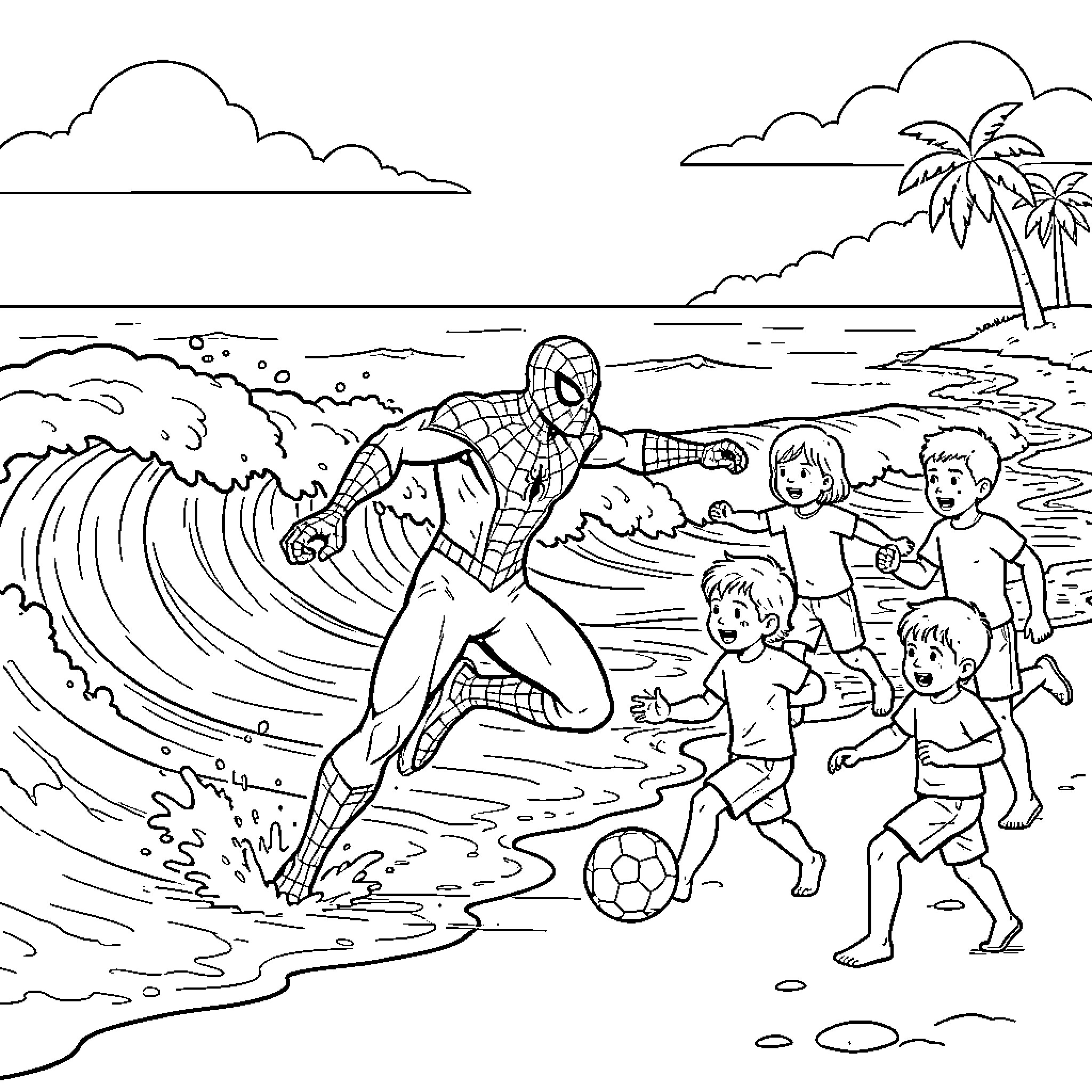 Spiderman playing soccer with children on the beach Coloring Page (free black-and-white line drawing printable PDF for all, from beginners to advanced learners, including children, teens, adults, and seniors)