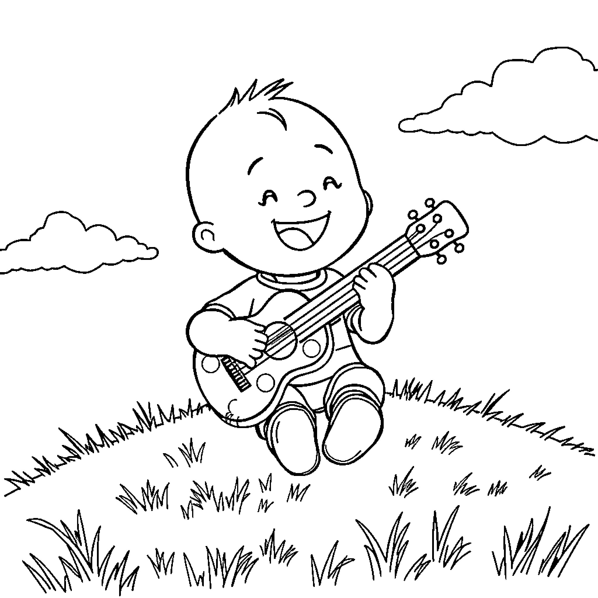 Caillou happily playing guitar in the park Coloring Page (free black-and-white line drawing printable PDF for all, from beginners to advanced learners, including children, teens, adults, and seniors)