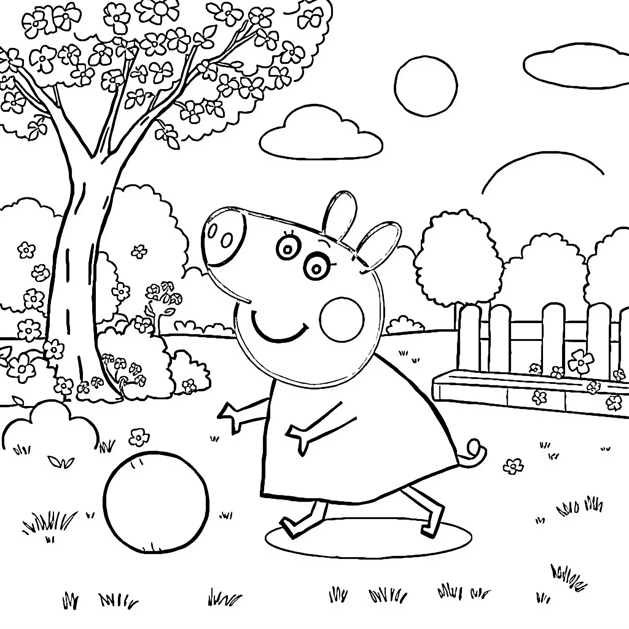 Pepa enjoys a spring day outdoors Coloring Page (free black-and-white line drawing printable PDF for all, from beginners to advanced learners, including children, teens, adults, and seniors)