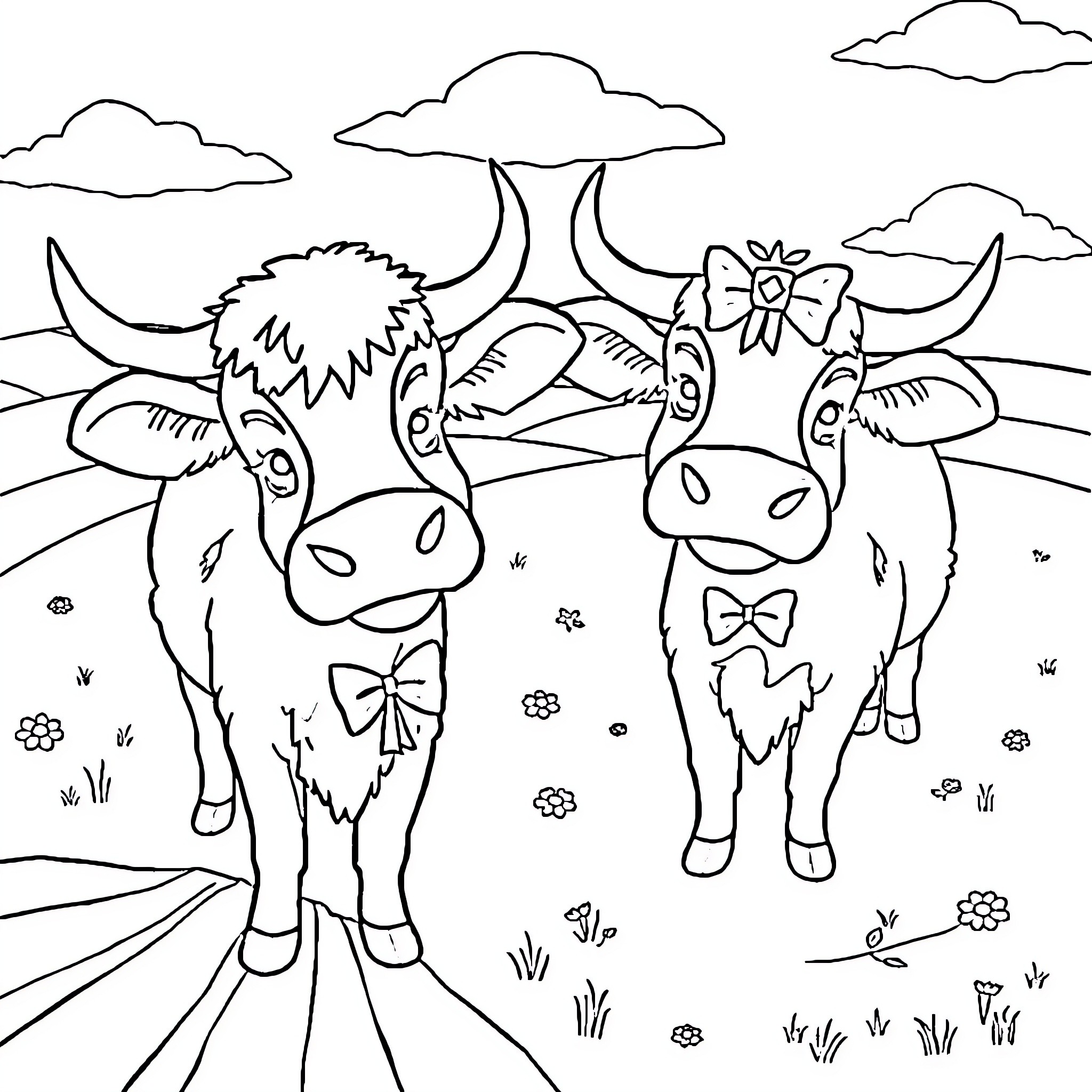 Highland Cows Dressed in Bows in Pastoral Landscape Coloring Page (free black-and-white line drawing printable PDF for all, from beginners to advanced learners, including children, teens, adults, and seniors)