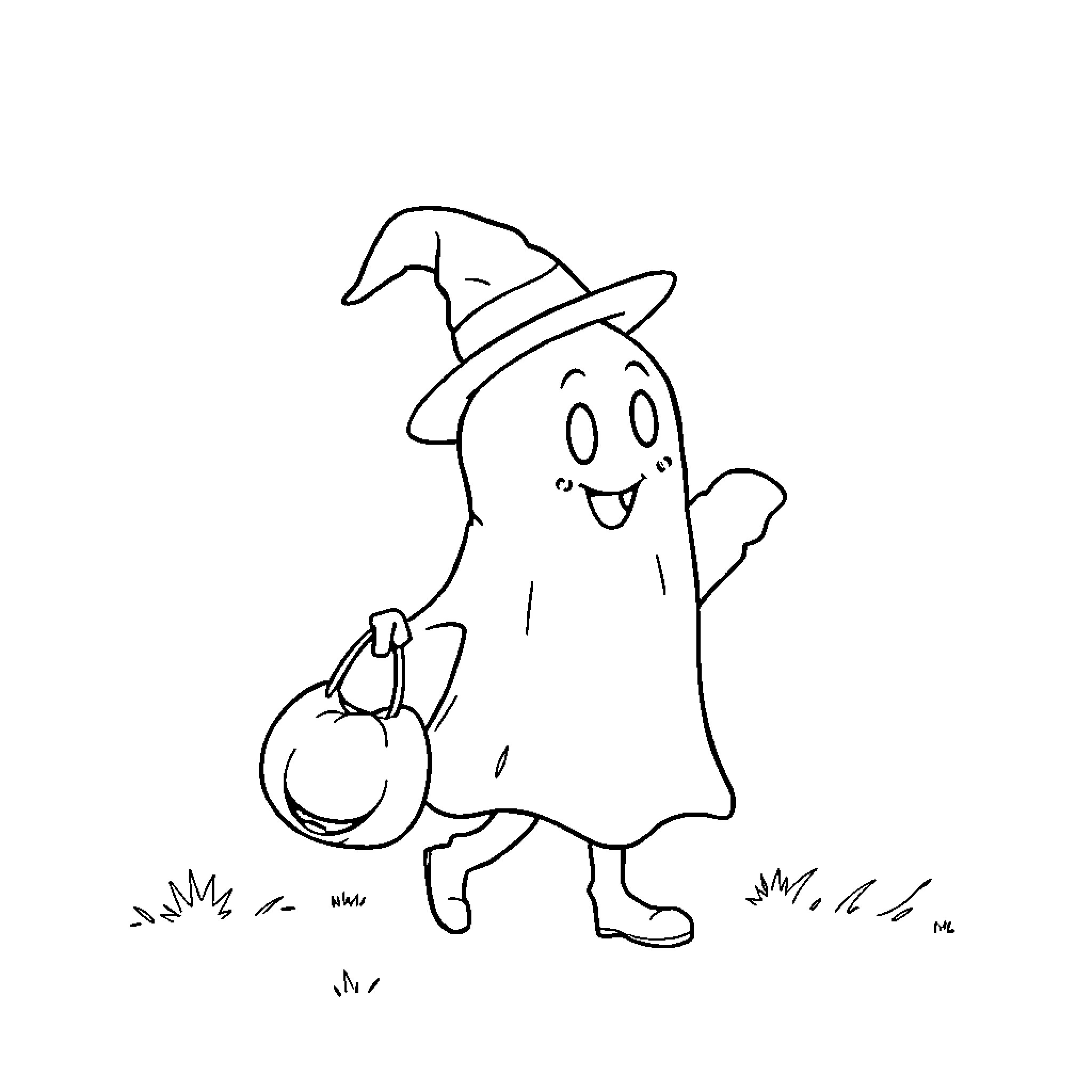 Ghost Carrying Pumpkin Basket on Halloween Coloring Page (free black-and-white line drawing printable PDF for all, from beginners to advanced learners, including children, teens, adults, and seniors)