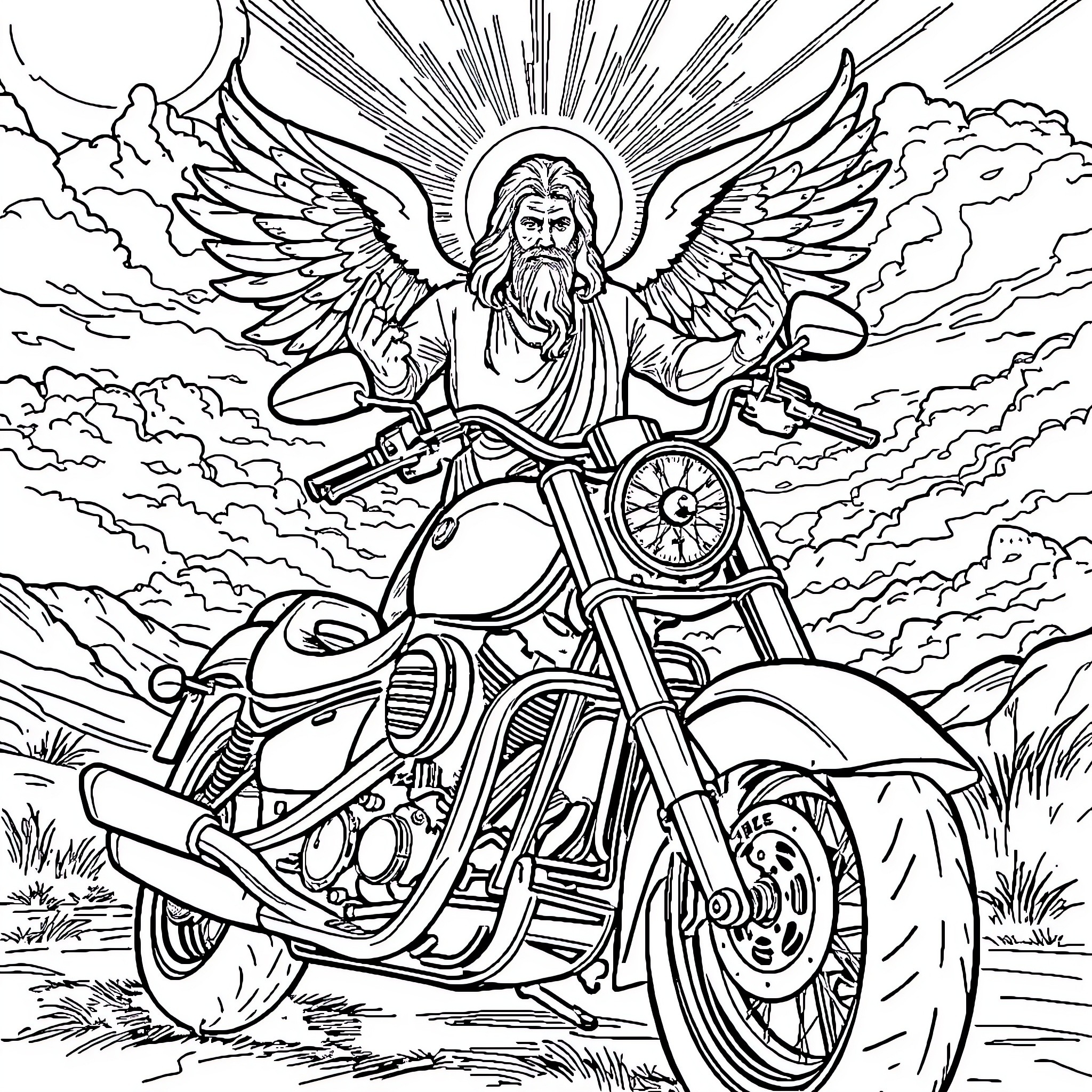 God's Celestial Biker: Winged Guardian on Heavenly Motorcycle Coloring Page (free black-and-white line drawing printable PDF for all, from beginners to advanced learners, including children, teens, adults, and seniors)