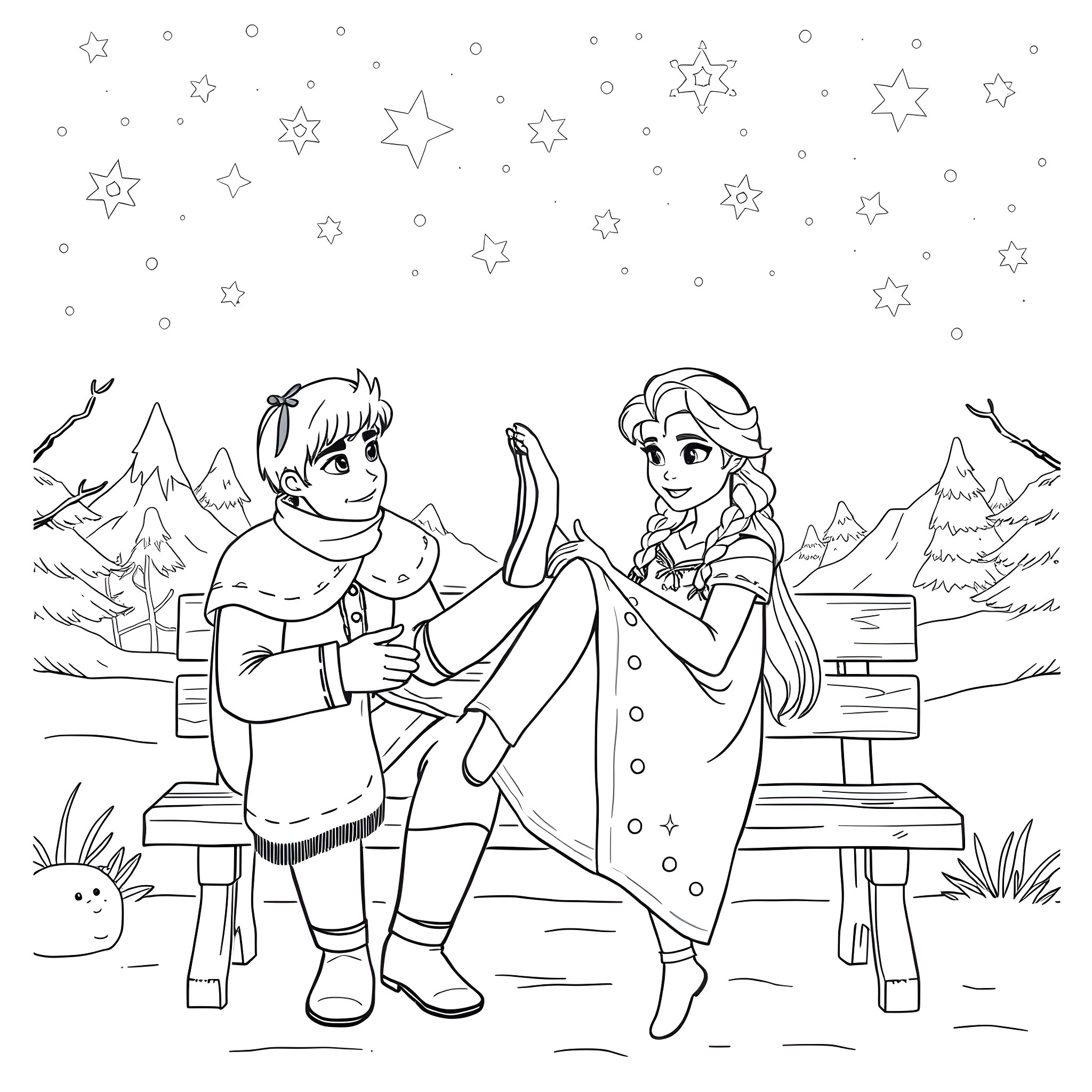 Anna and Kristoff's Winter Wonderland Coloring Page (free black-and-white line drawing printable PDF for all, from beginners to advanced learners, including children, teens, adults, and seniors)