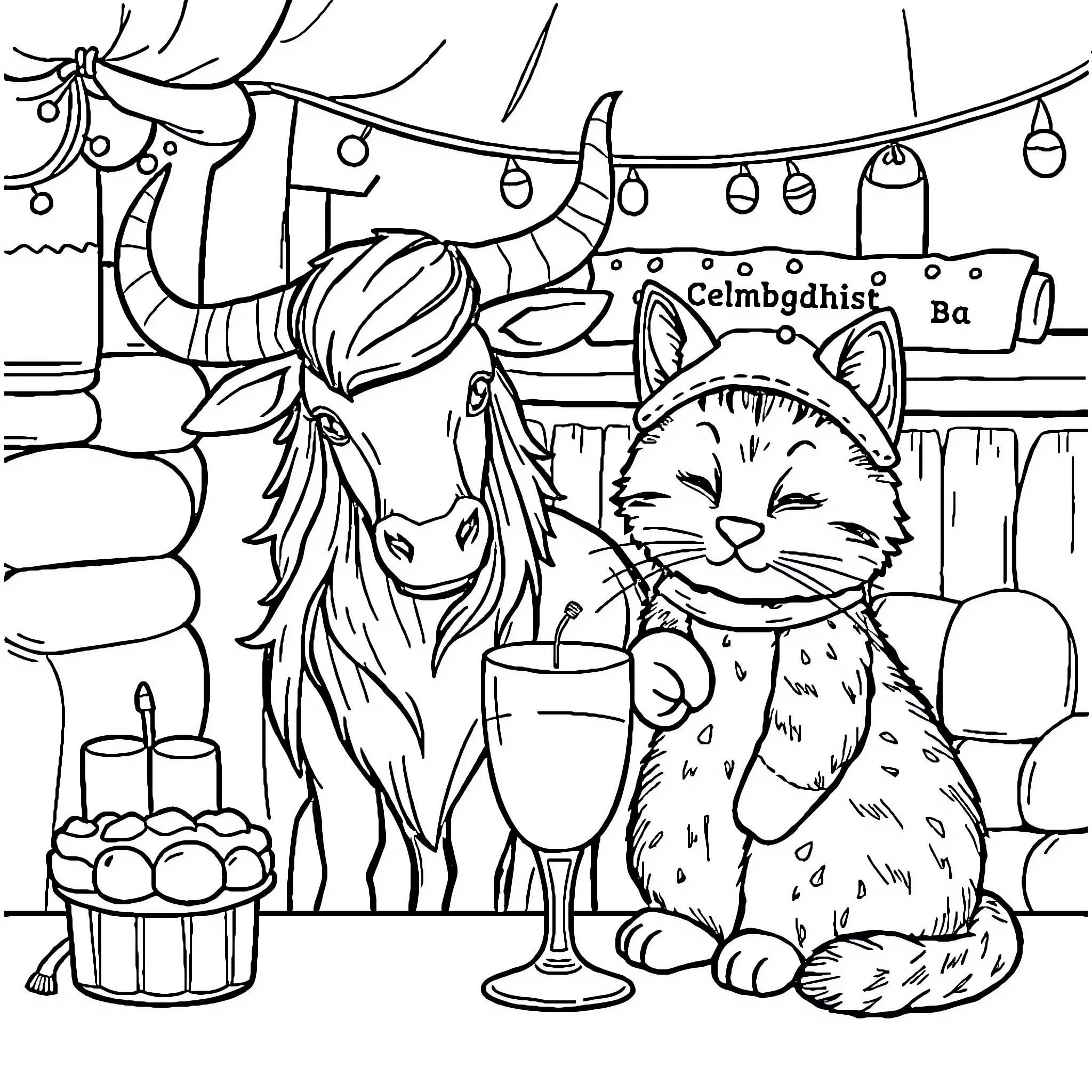 Einhorn Unicorn and Cute Cat Celebrating at a Party Coloring Page (free black-and-white line drawing printable PDF for all, from beginners to advanced learners, including children, teens, adults, and seniors)
