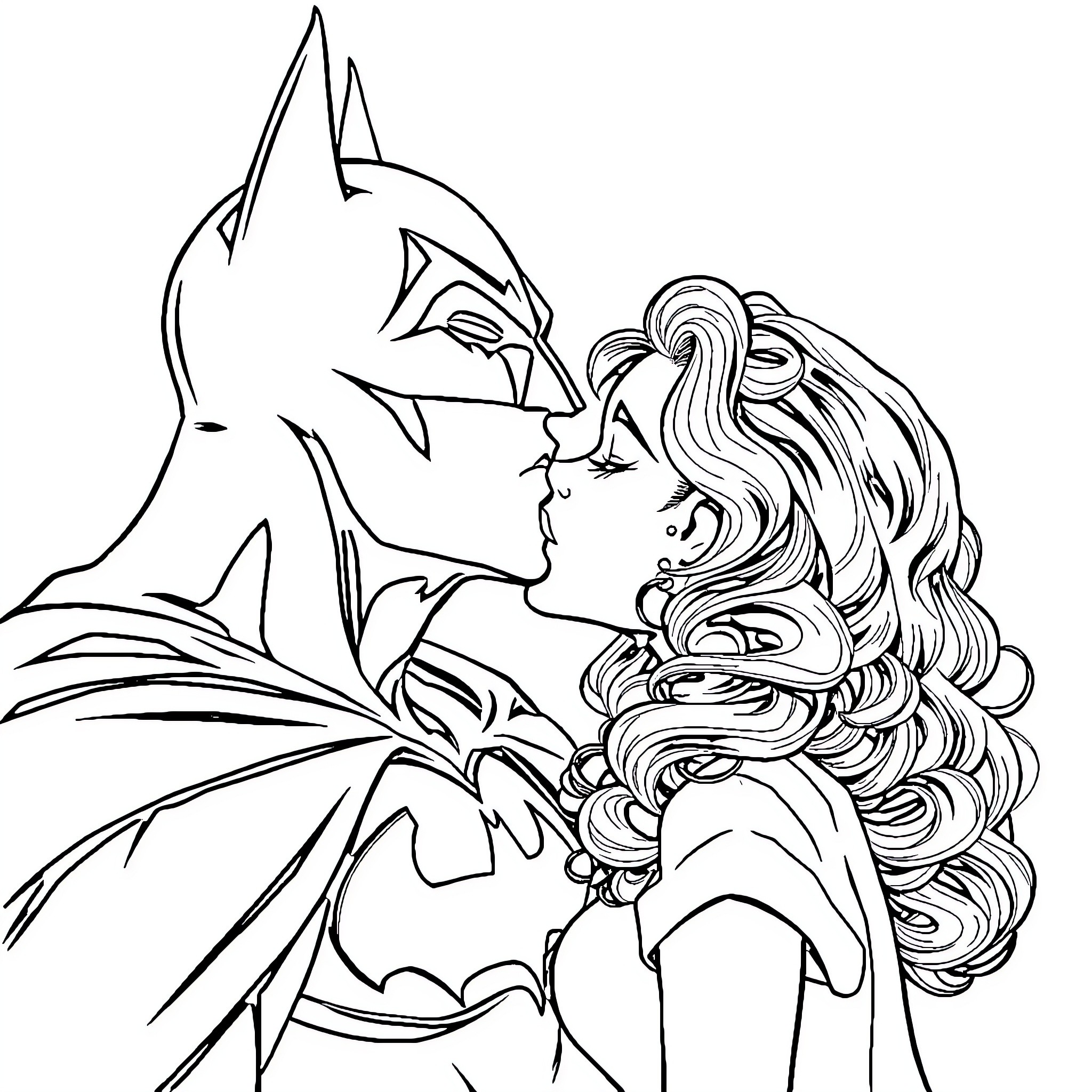 Batman Embracing Woman in a Romantic Gesture Coloring Page (free black-and-white line drawing printable PDF for all, from beginners to advanced learners, including children, teens, adults, and seniors)
