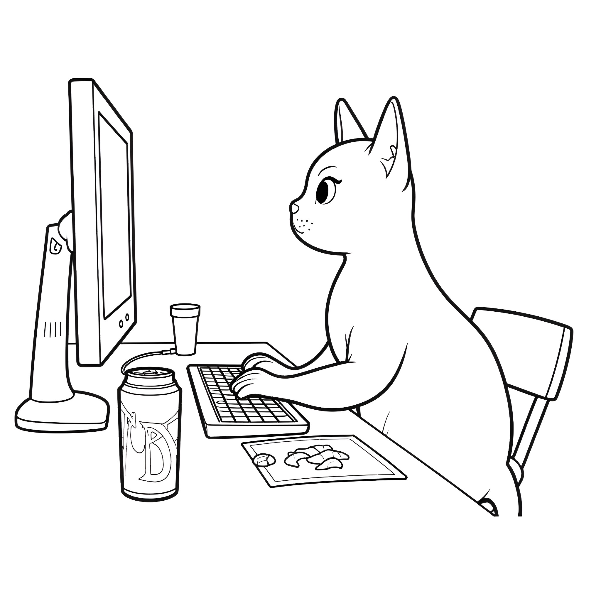 Cat working at computer desk Coloring Page (free black-and-white line drawing printable PDF for all, from beginners to advanced learners, including children, teens, adults, and seniors)