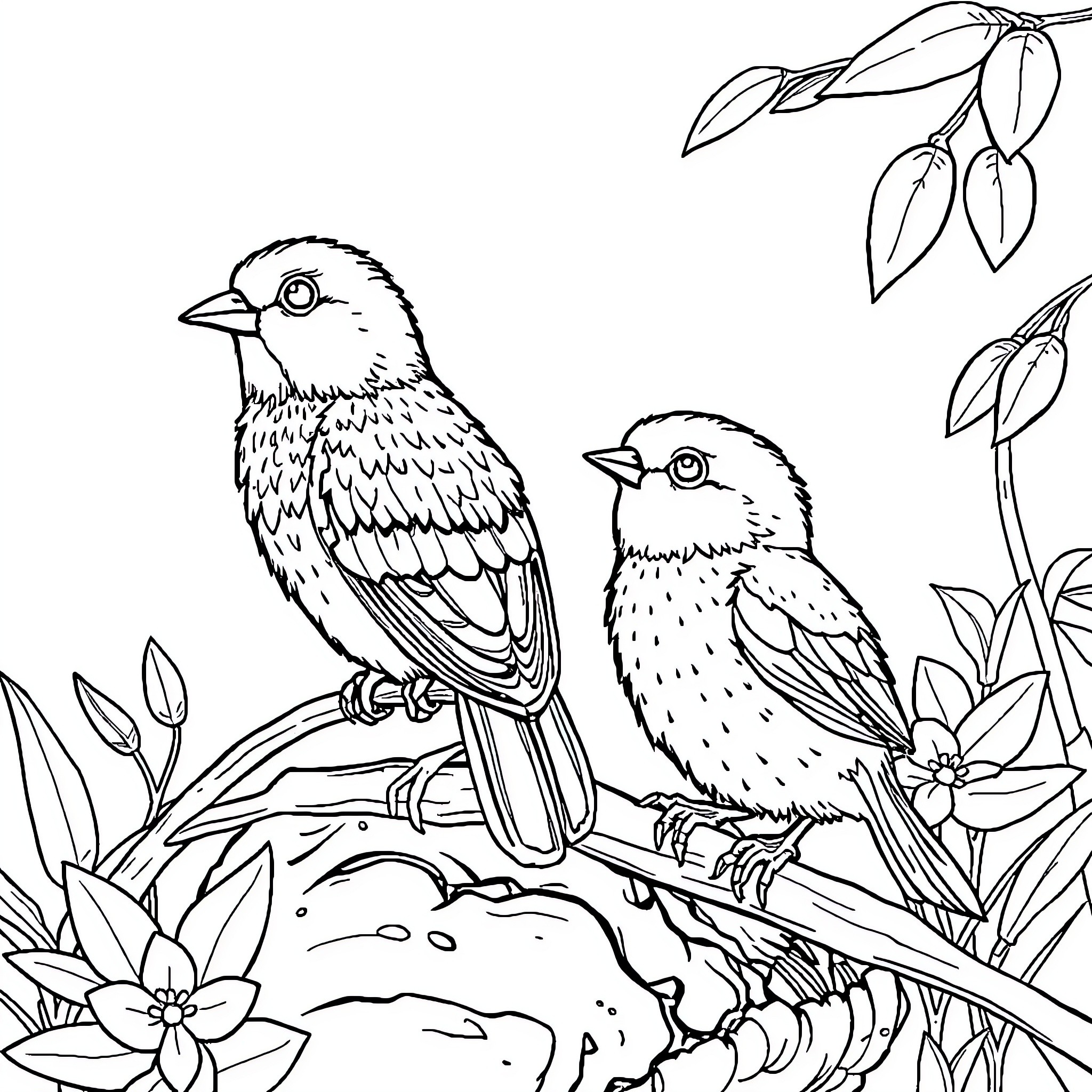 Kancil birds enjoying nature in a garden Coloring Page (free black-and-white line drawing printable PDF for all, from beginners to advanced learners, including children, teens, adults, and seniors)