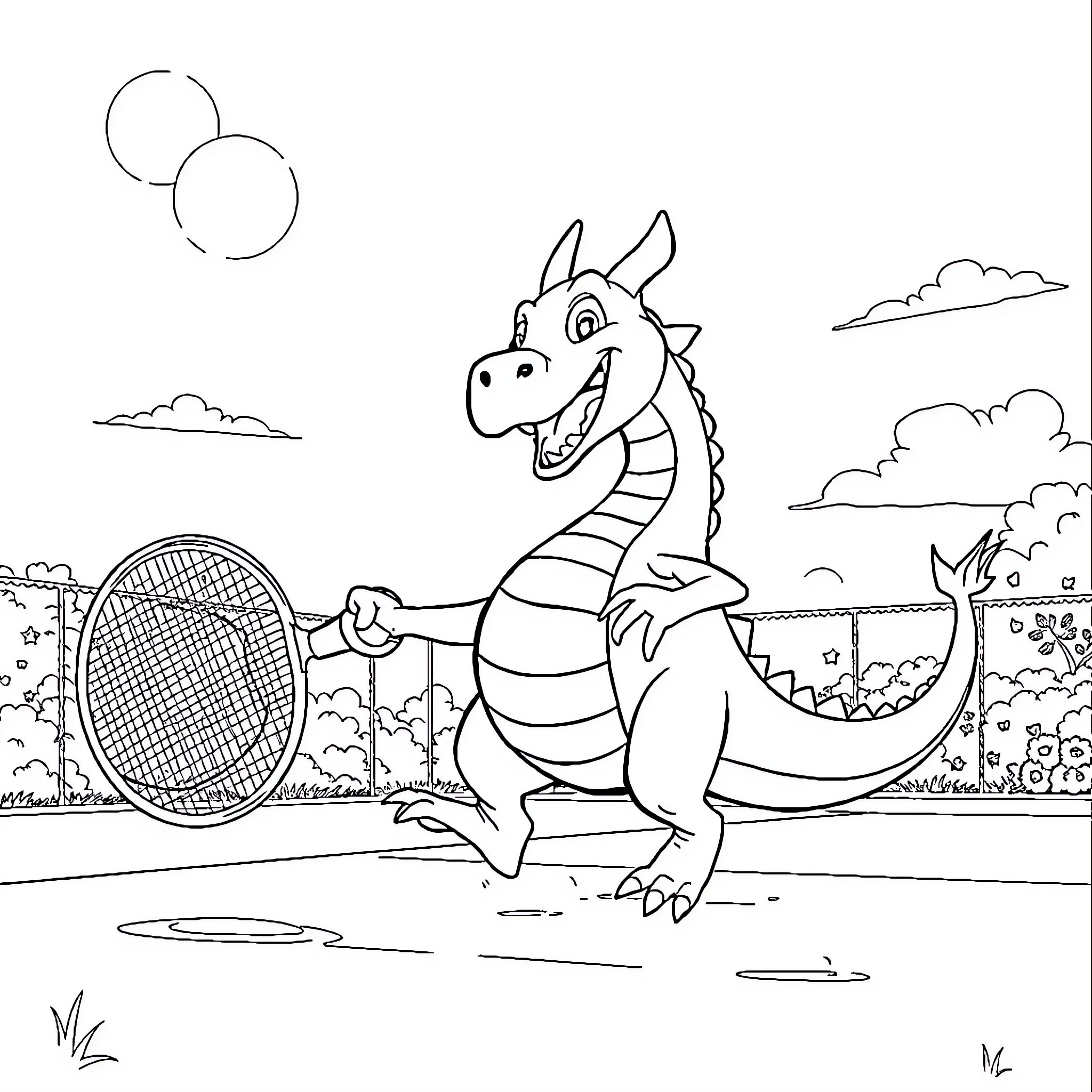 Dragon Ball Character Playing Tennis Joyfully Coloring Page (free black-and-white line drawing printable PDF for all, from beginners to advanced learners, including children, teens, adults, and seniors)