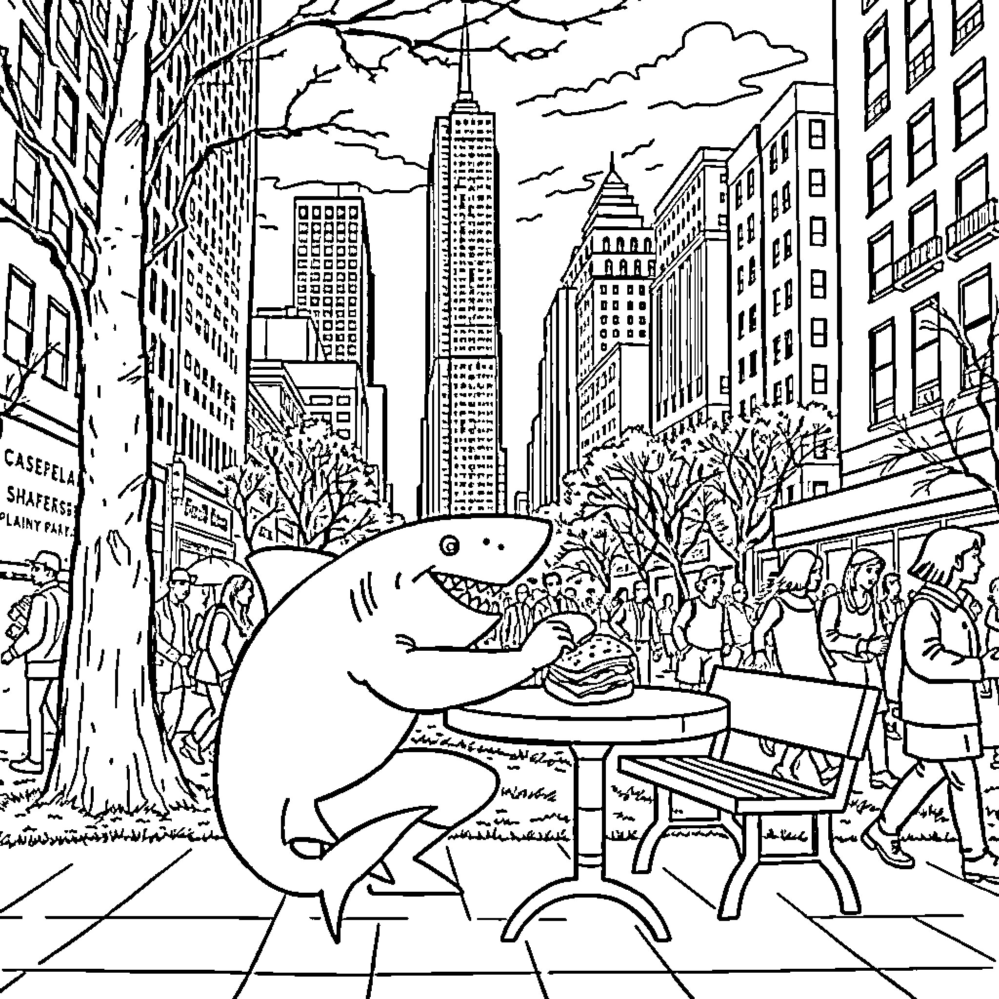 Shark enjoying a meal in the bustling city Coloring Page (free black-and-white line drawing printable PDF for all, from beginners to advanced learners, including children, teens, adults, and seniors)