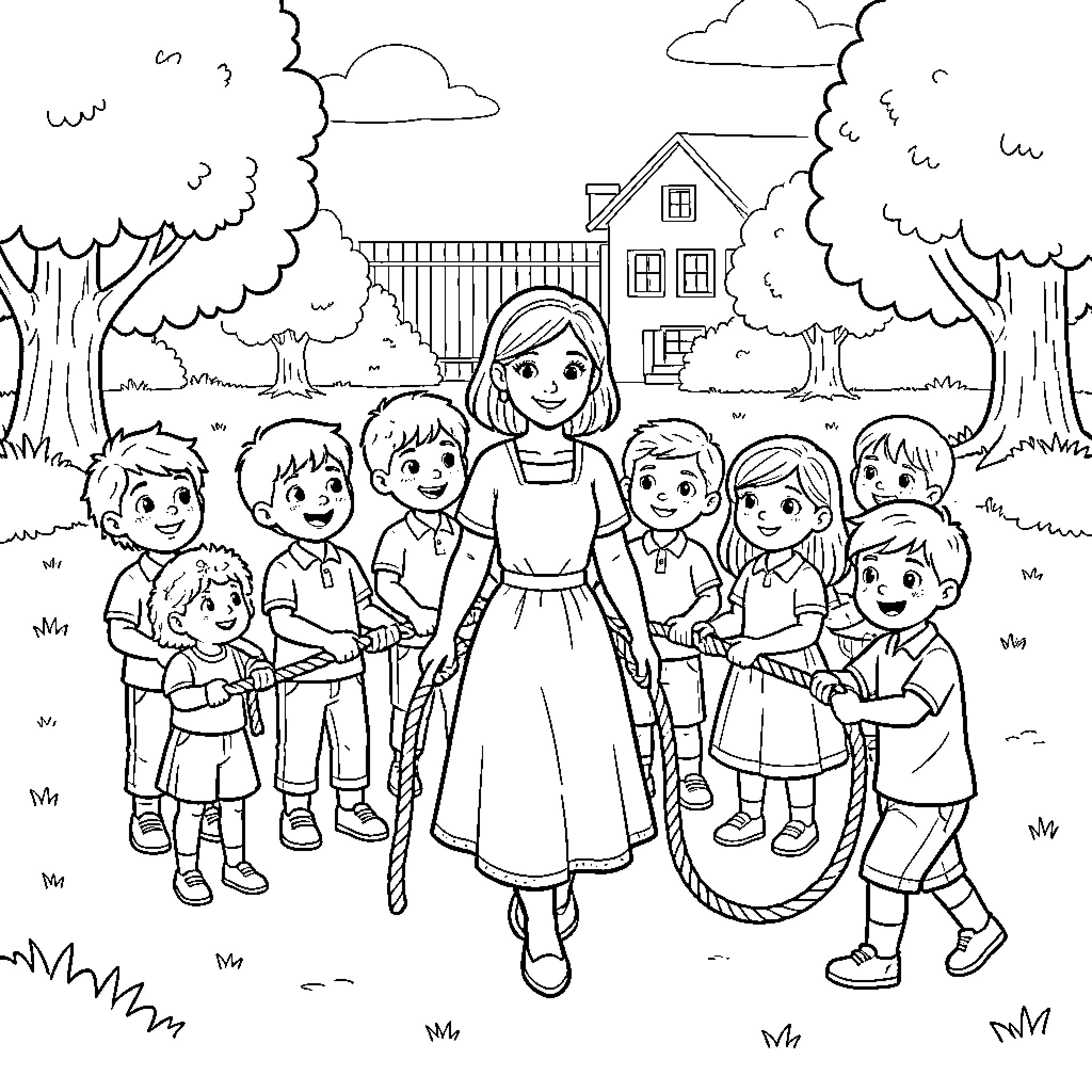 Maestra leading joyful children playing tug of war Coloring Page (free black-and-white line drawing printable PDF for all, from beginners to advanced learners, including children, teens, adults, and seniors)
