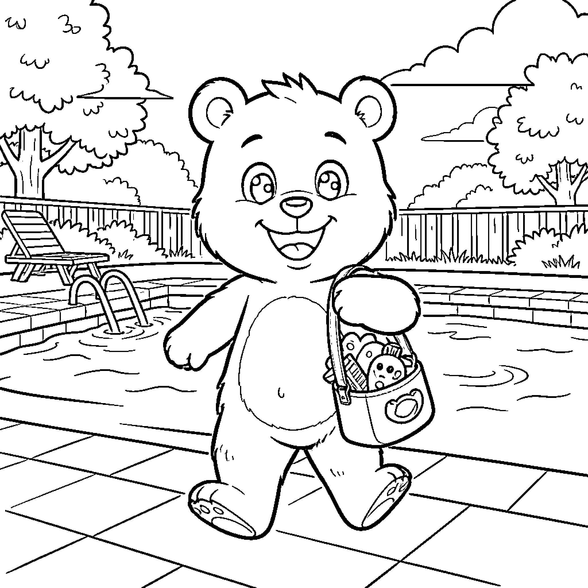 Brown Bear walking happily while carrying a beach bag Coloring Page (free black-and-white line drawing printable PDF for all, from beginners to advanced learners, including children, teens, adults, and seniors)