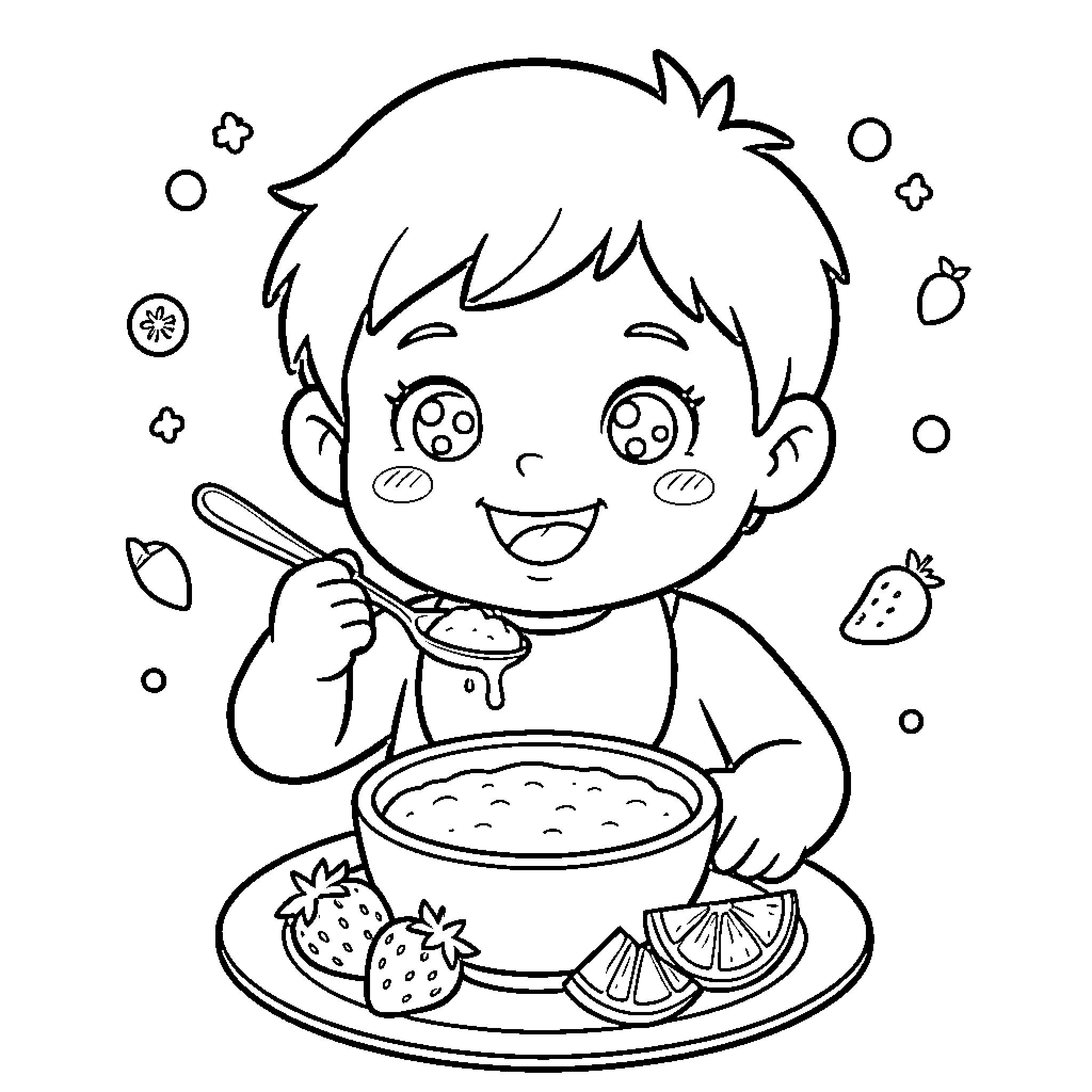 Toddler enjoying a delicious meal with fruits Coloring Page (free black-and-white line drawing printable PDF for all, from beginners to advanced learners, including children, teens, adults, and seniors)