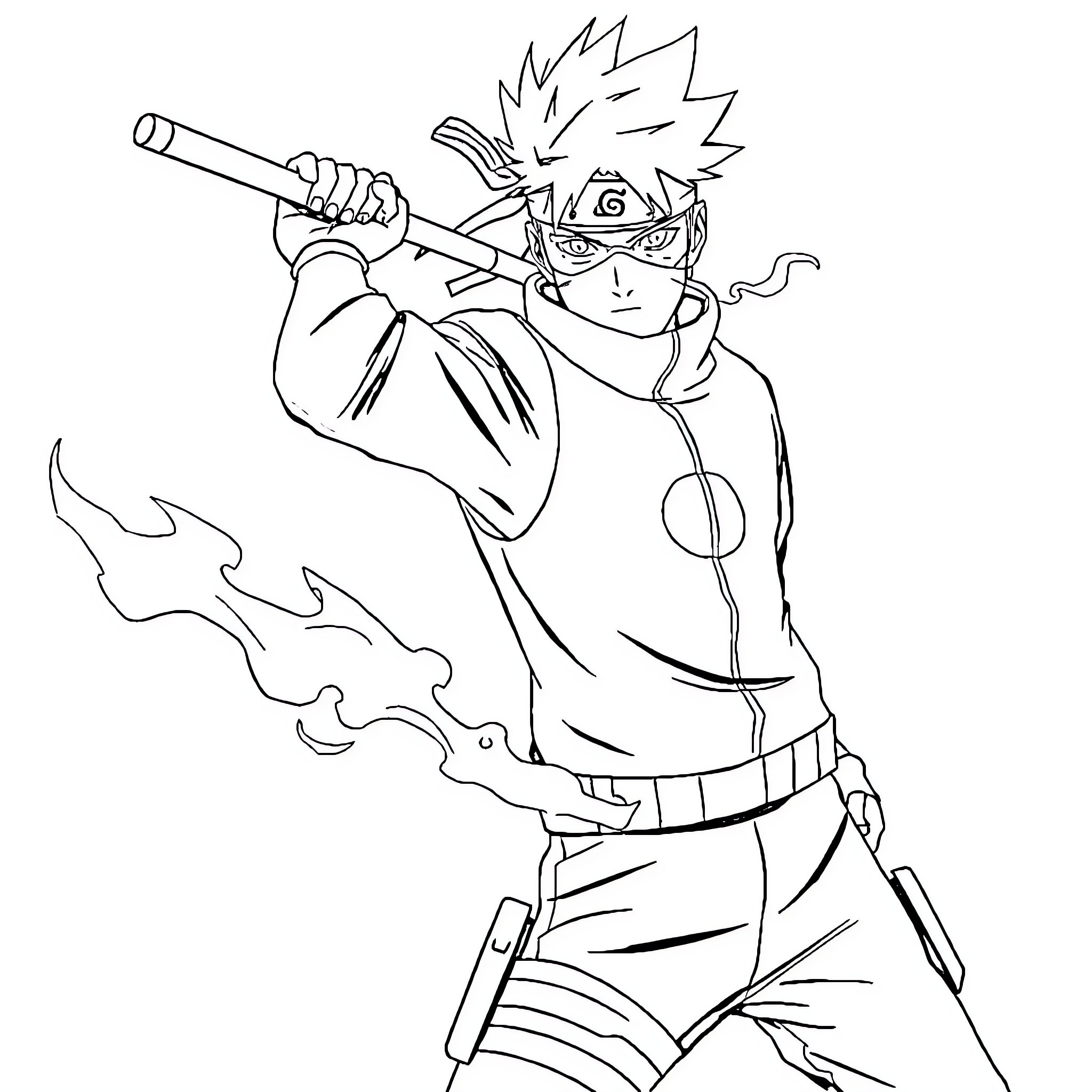 Kakashi wielding a kunai with fire chakra Coloring Page (free black-and-white line drawing printable PDF for all, from beginners to advanced learners, including children, teens, adults, and seniors)