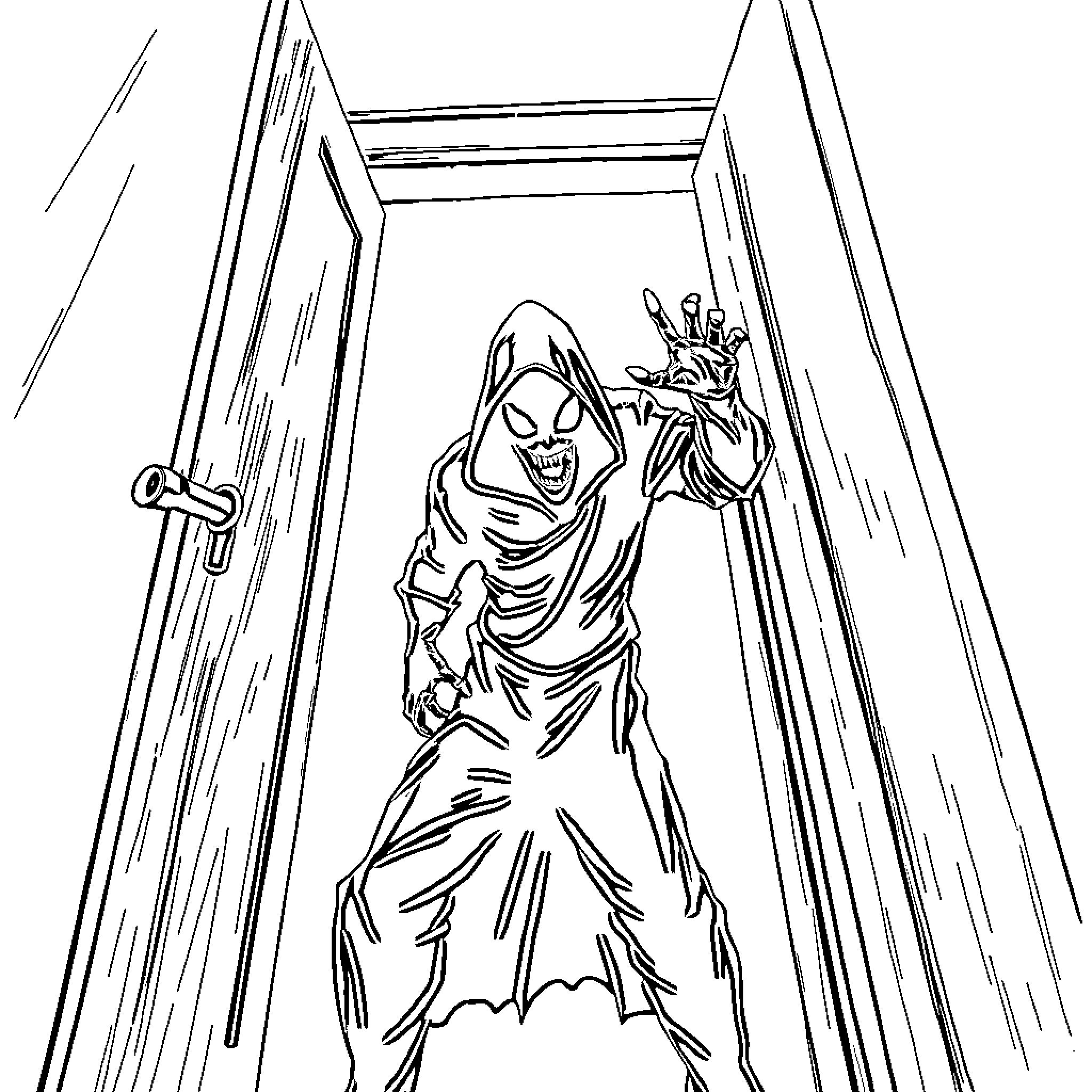 Figure of a sinister entity emerging from a doorway Coloring Page (free black-and-white line drawing printable PDF for all, from beginners to advanced learners, including children, teens, adults, and seniors)