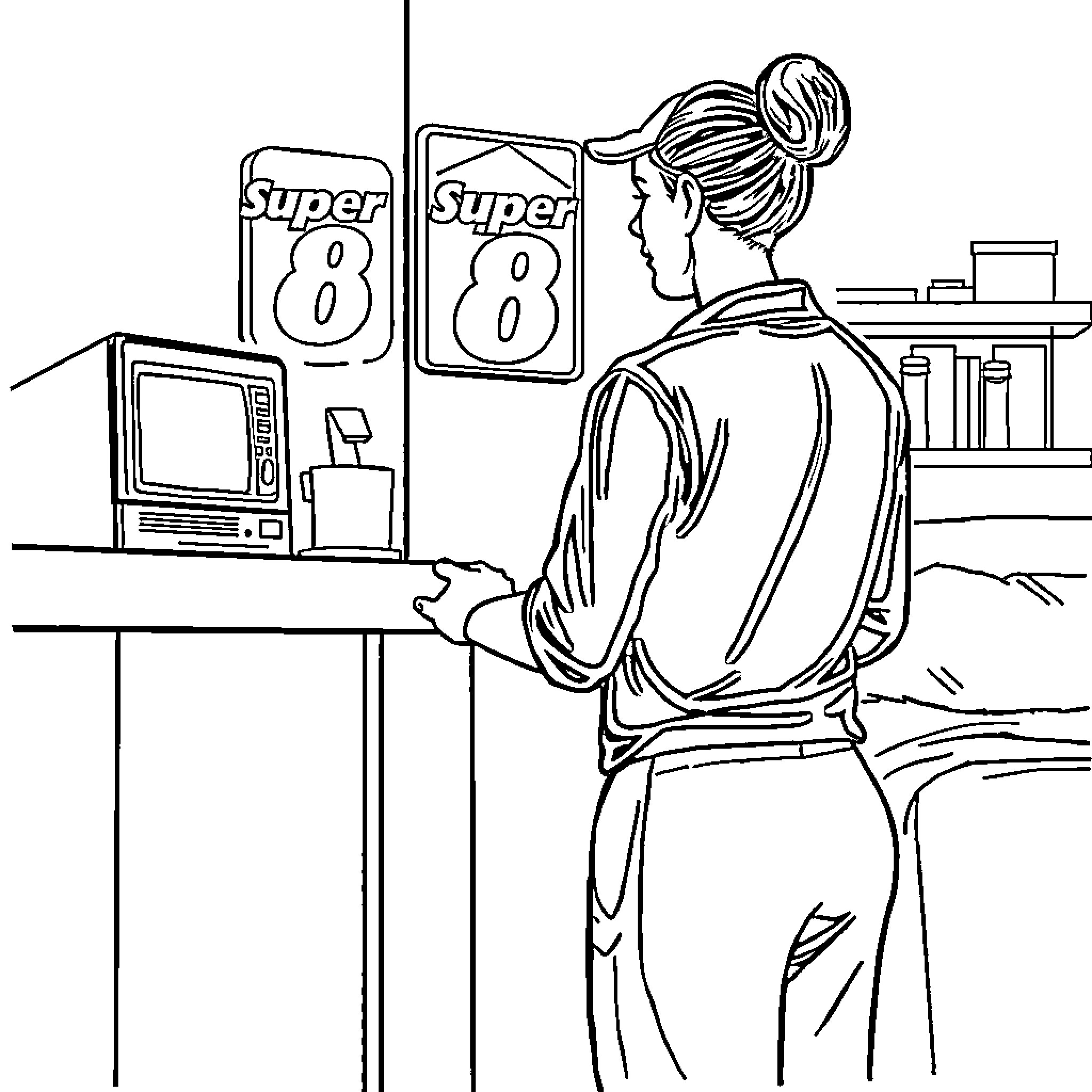 Housekeeper cleaning and organizing home electronics Coloring Page (free black-and-white line drawing printable PDF for all, from beginners to advanced learners, including children, teens, adults, and seniors)