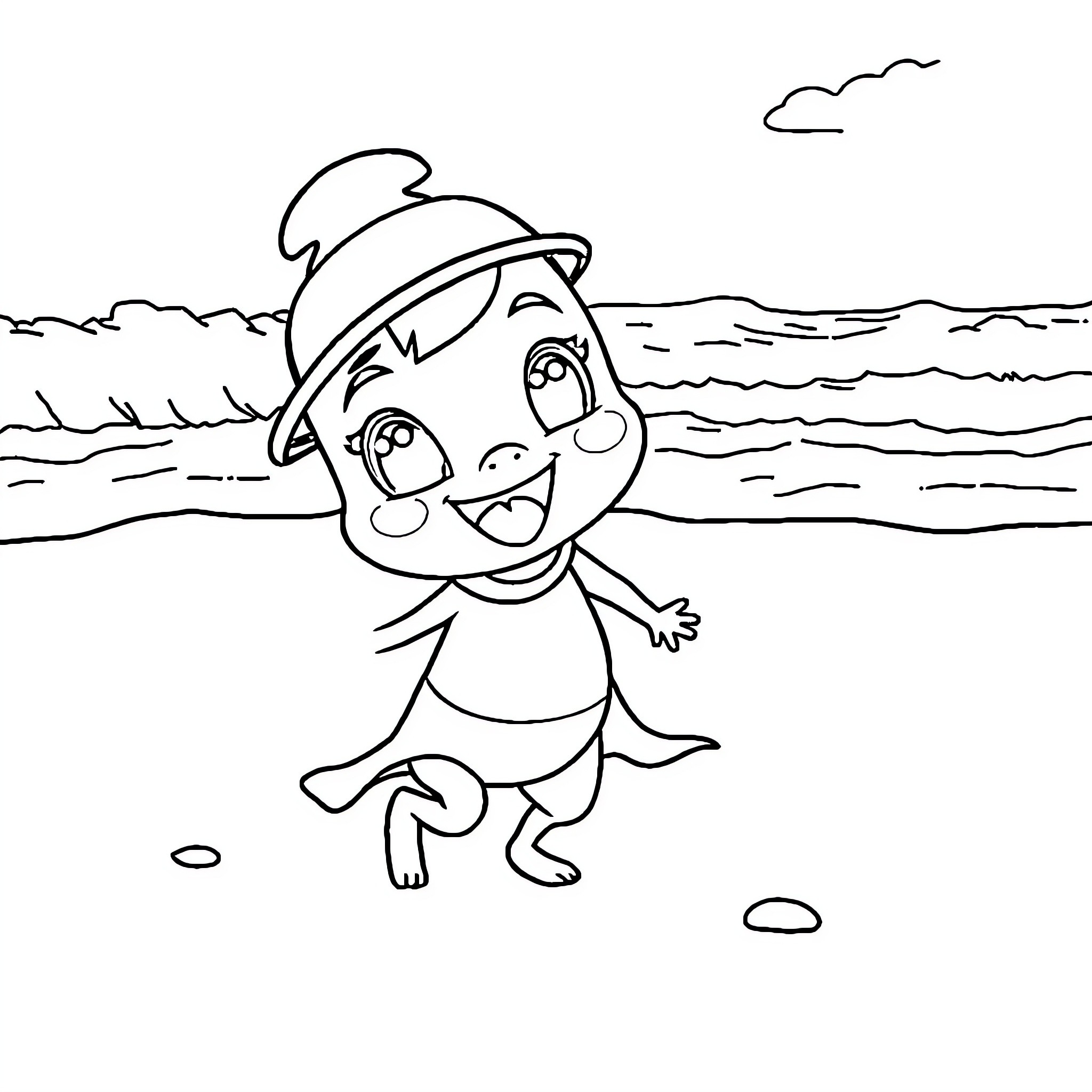 Labubu playing happily by the seaside Coloring Page (free black-and-white line drawing printable PDF for all, from beginners to advanced learners, including children, teens, adults, and seniors)