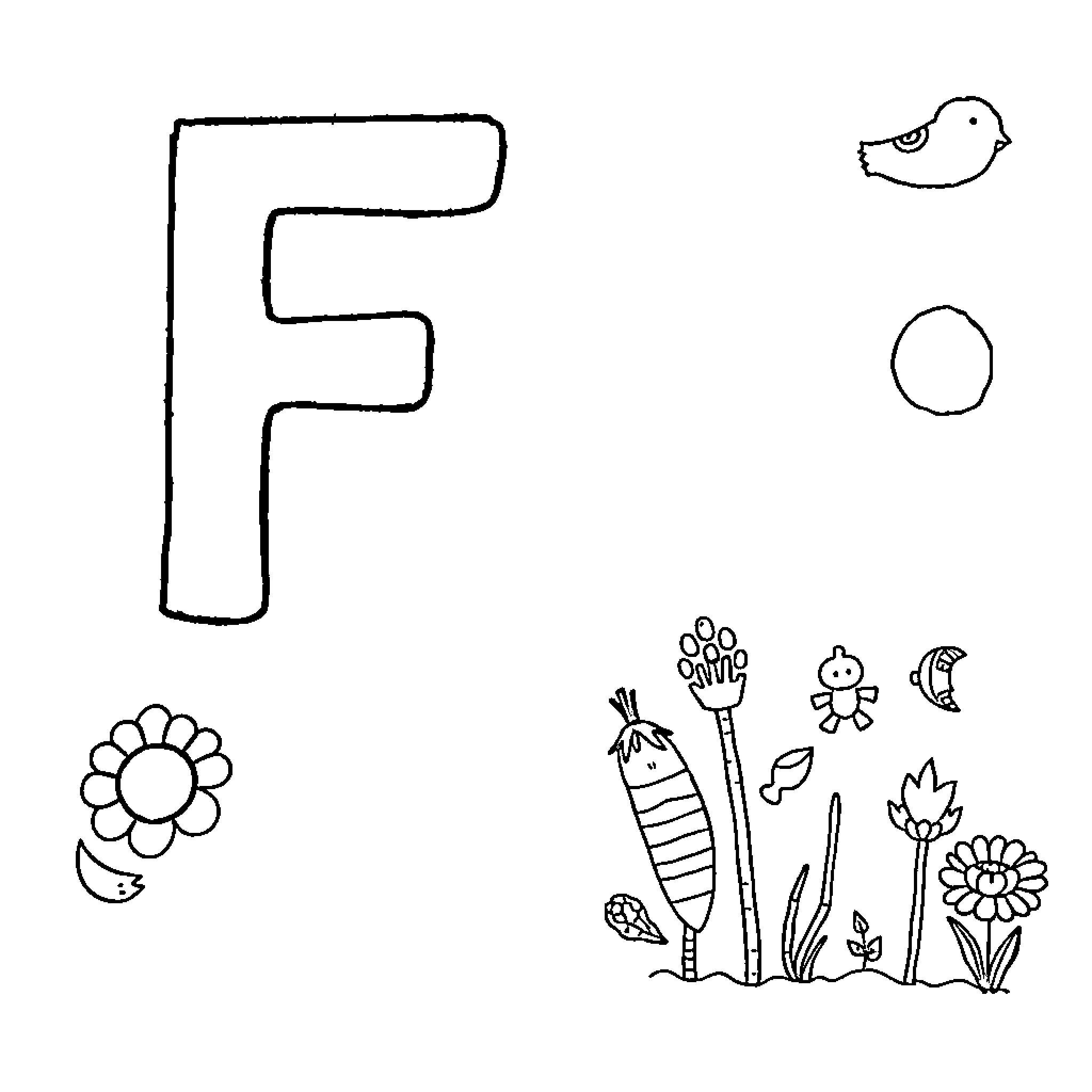 Letter F with playful nature symbols Coloring Page (free black-and-white line drawing printable PDF for all, from beginners to advanced learners, including children, teens, adults, and seniors)