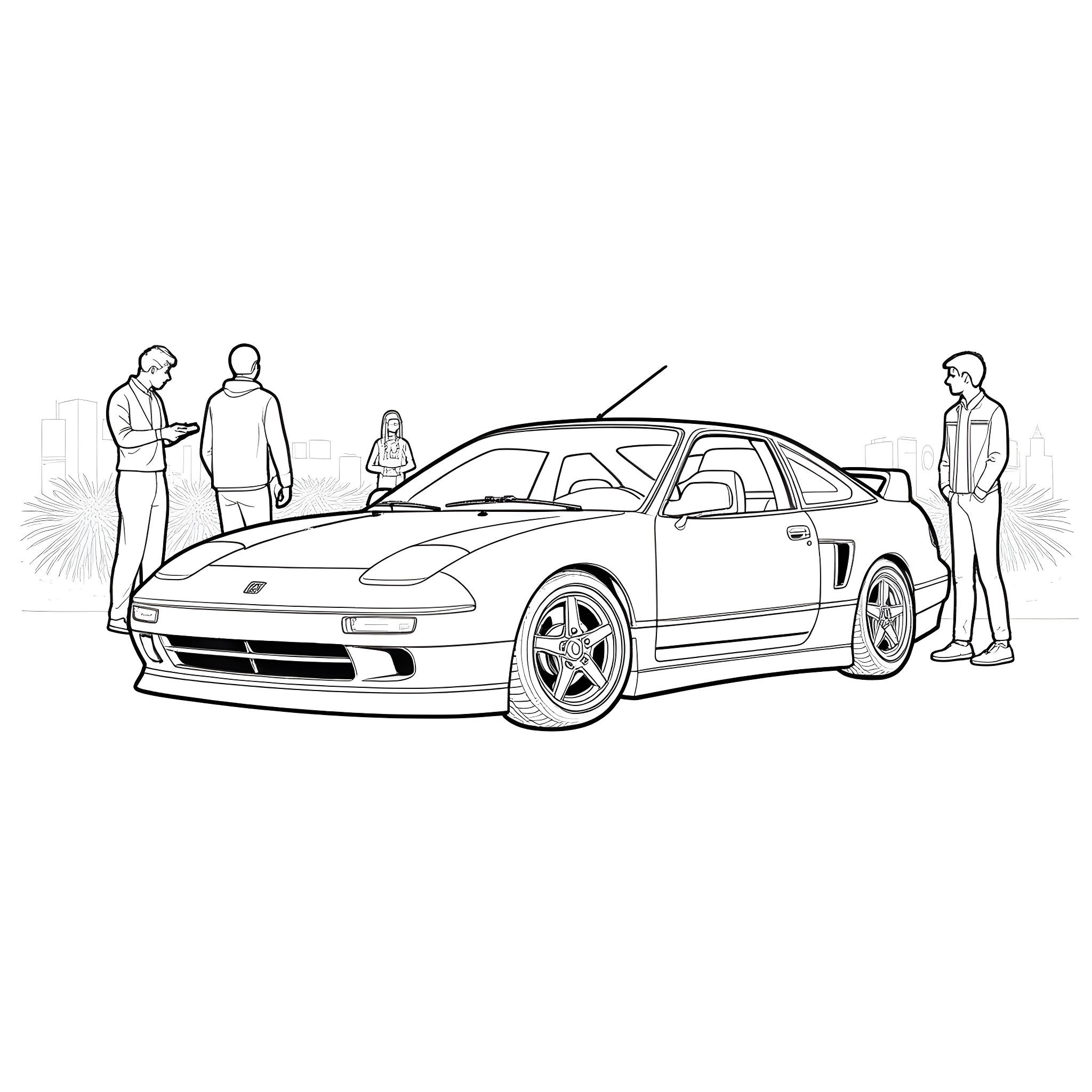 Honda CRX with group of people discussing the car Coloring Page (free black-and-white line drawing printable PDF for all, from beginners to advanced learners, including children, teens, adults, and seniors)